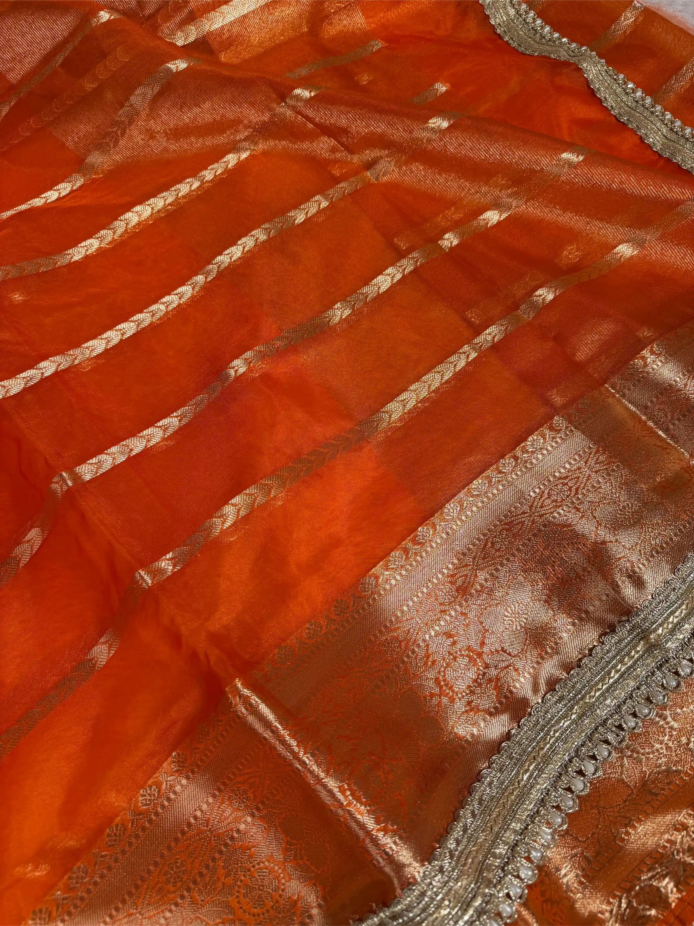 Bright Orange Kora Organza Silk Heavy Lace Work Banarasi Saree