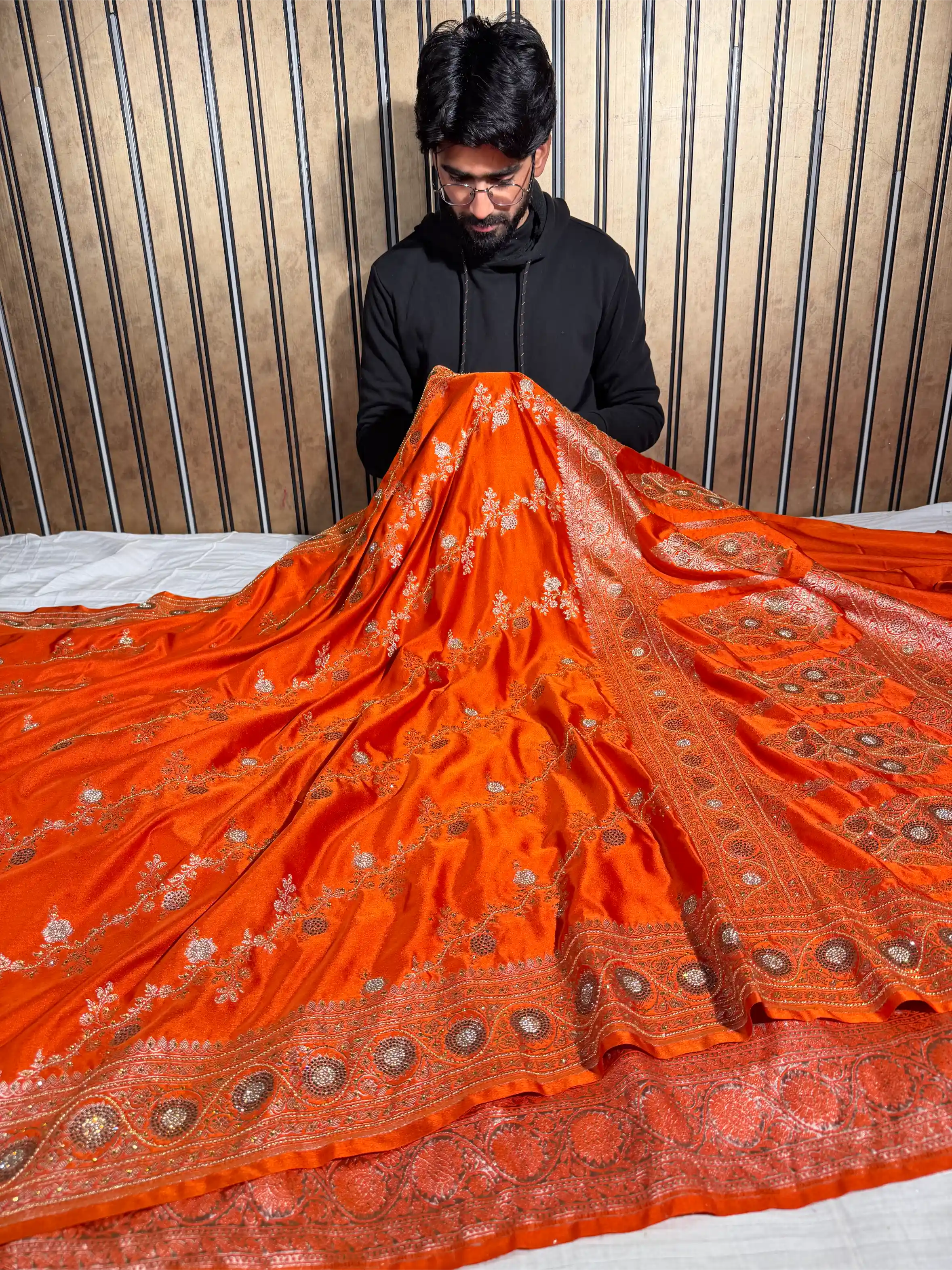 Bright Orange Mashru Katan Silk Aari and Stone Work Banarasi Saree