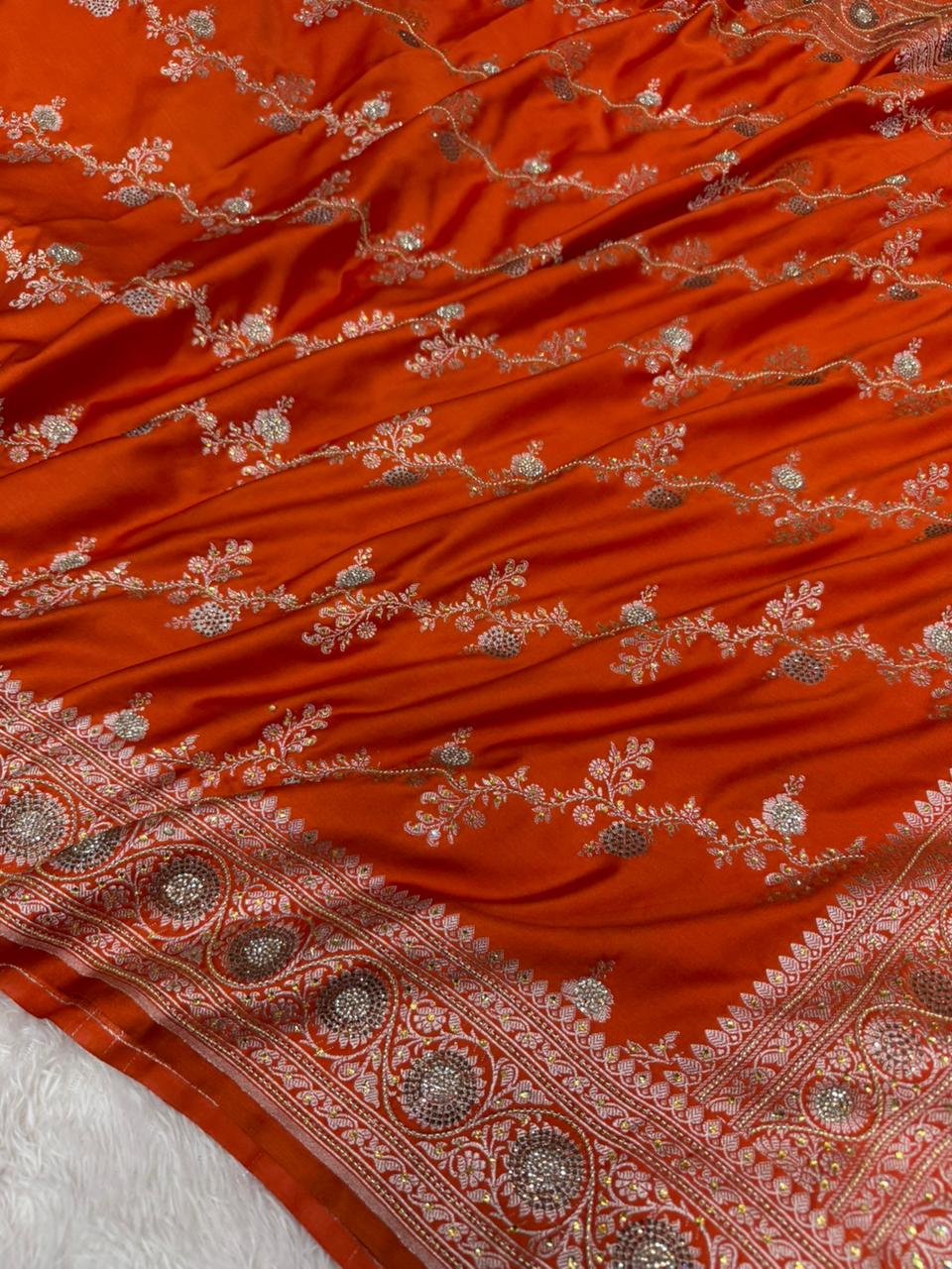 Bright Orange Mashru Katan Silk Aari and Stone Work Banarasi Saree