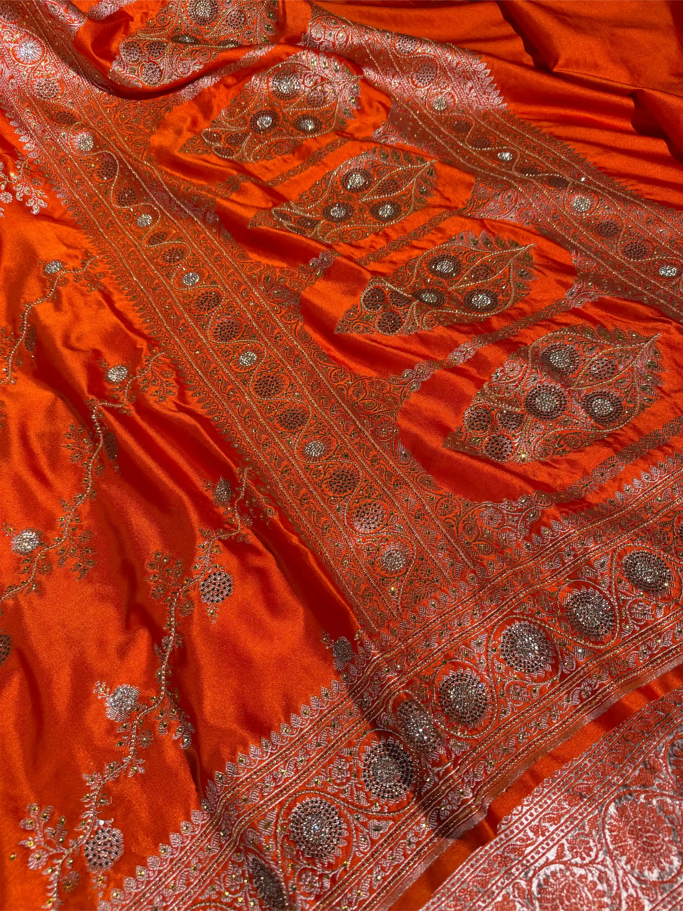 Bright Orange Mashru Katan Silk Aari and Stone Work Banarasi Saree