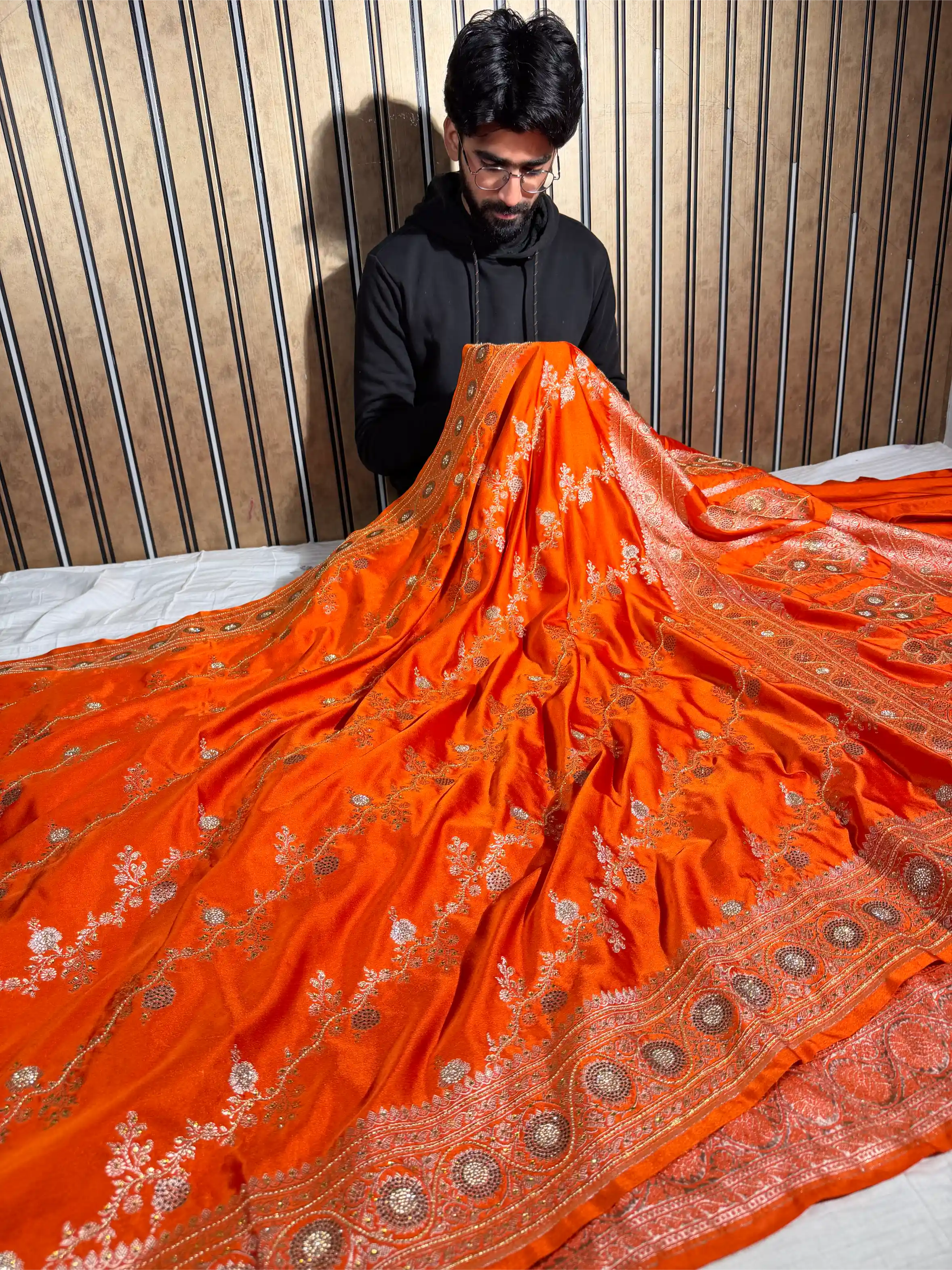 Bright Orange Mashru Katan Silk Aari and Stone Work Banarasi Saree