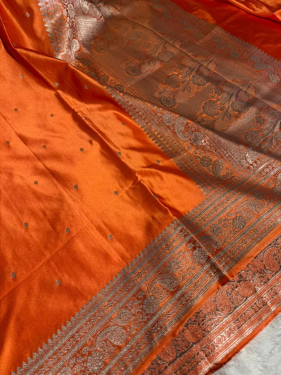 Bright Orange Mashru Katan Silk Buta Work Banarasi Saree