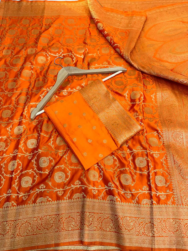 Bright Orange Mashru Katan Silk Floral Jaal Banarasi Saree