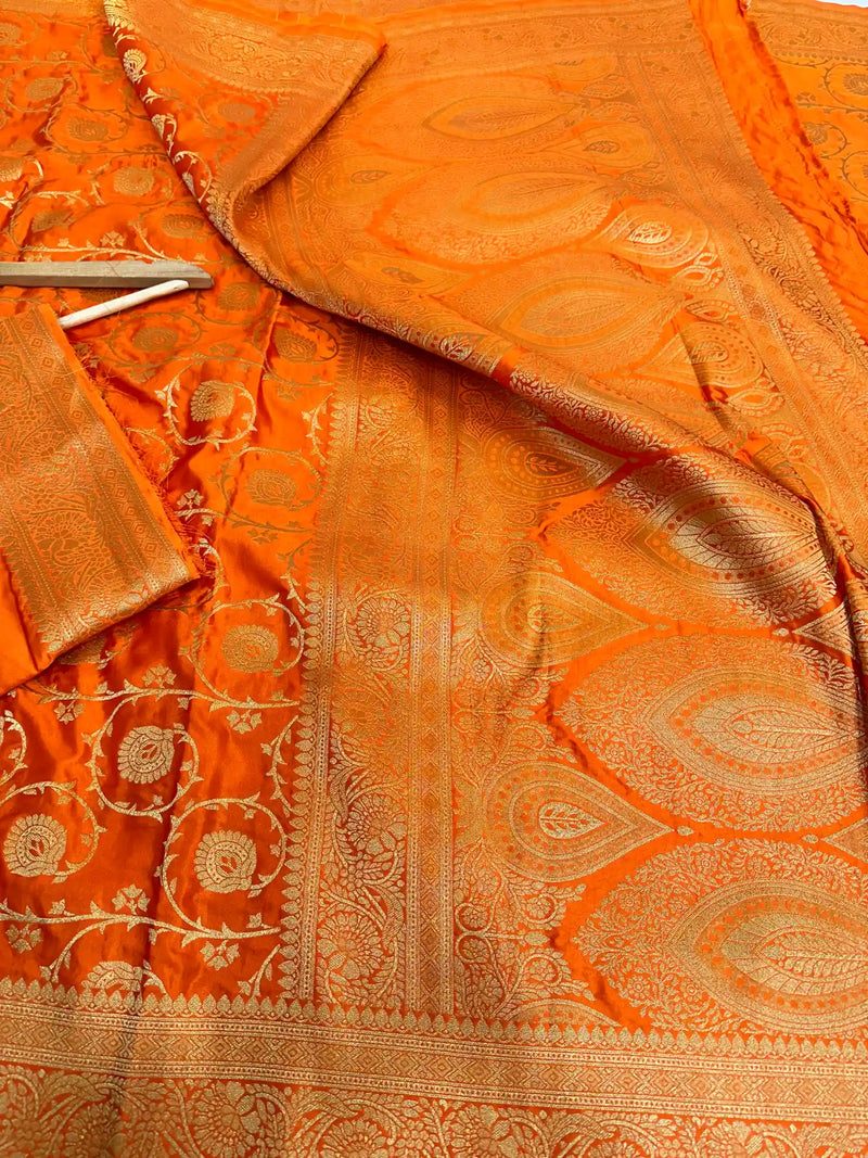 Bright Orange Mashru Katan Silk Floral Jaal Banarasi Saree