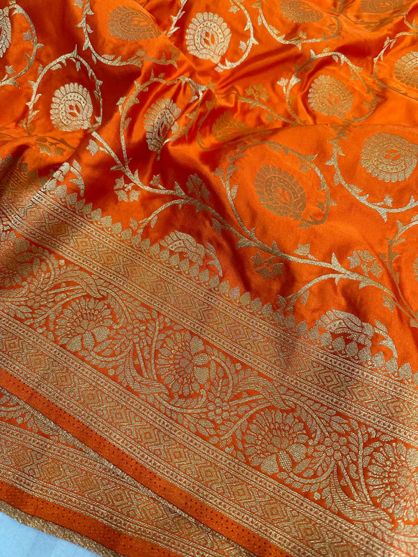 Bright Orange Mashru Katan Silk Floral Jaal Banarasi Saree