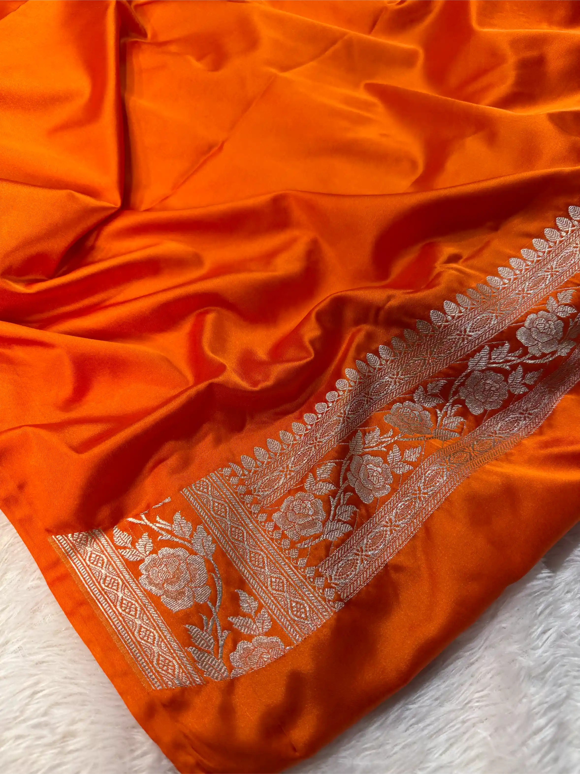 Bright Orange Mashru Katan Silk Golden Zari Floral Buta Banarasi Saree