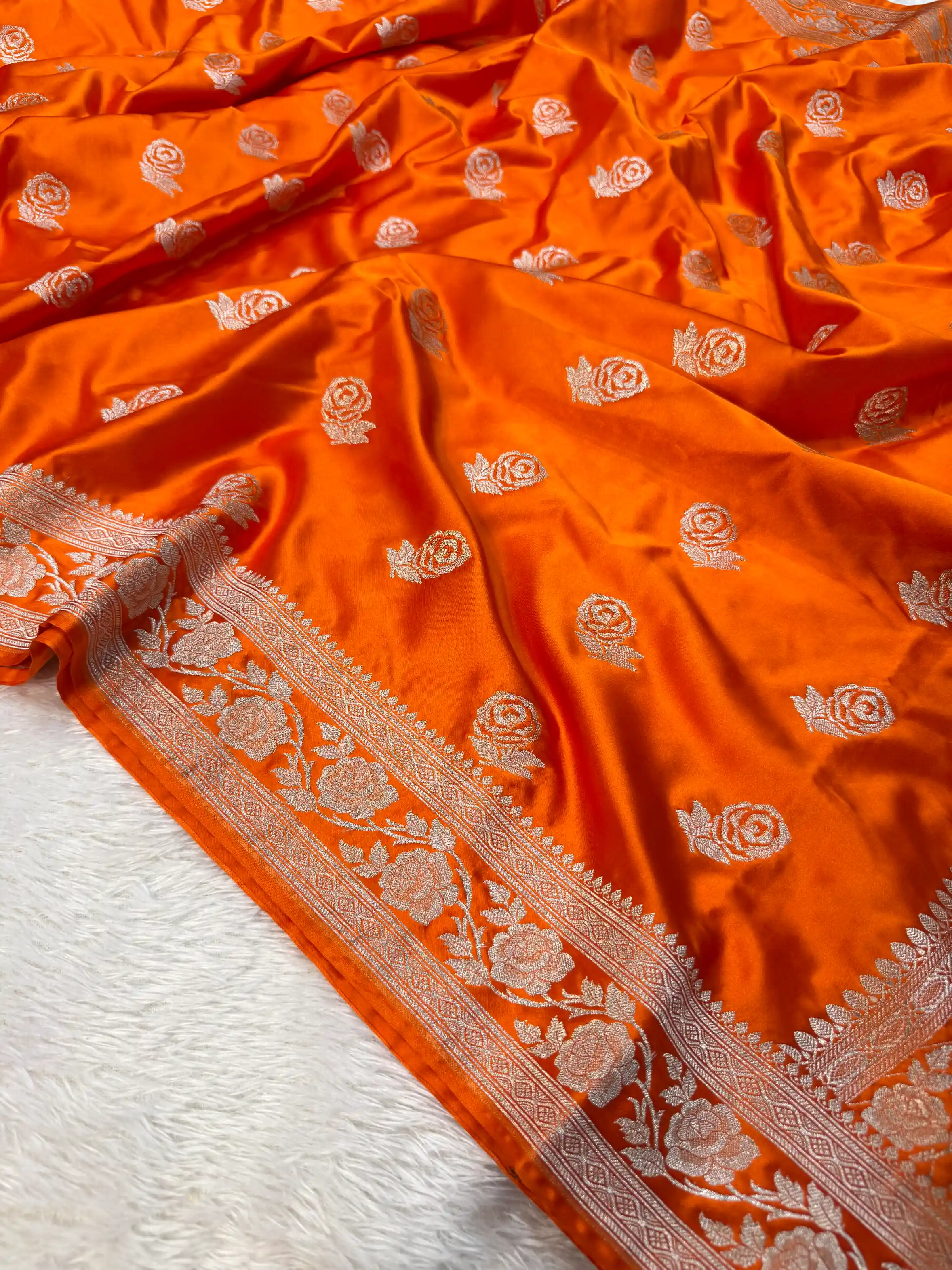 Bright Orange Mashru Katan Silk Golden Zari Floral Buta Banarasi Saree