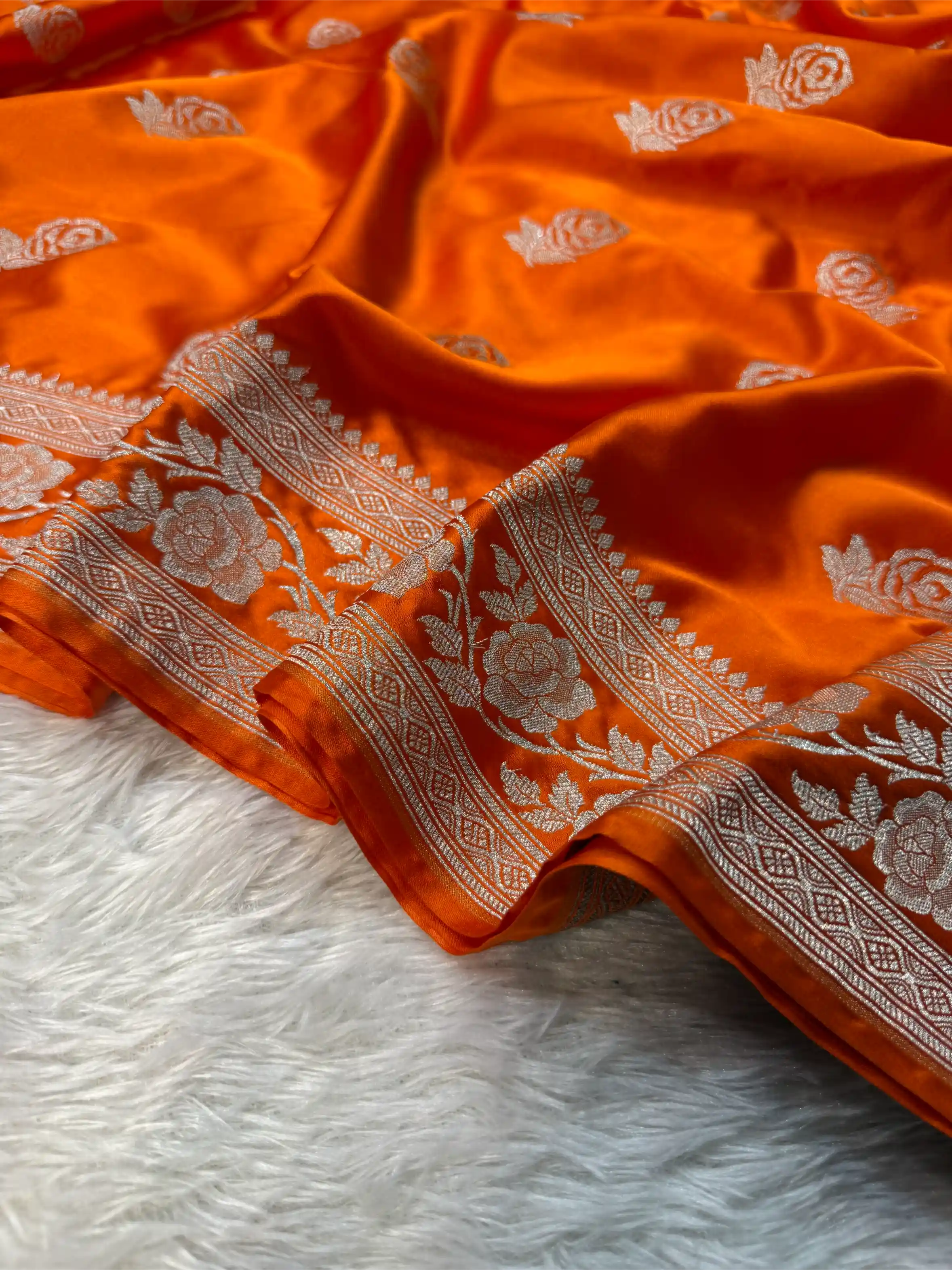 Bright Orange Mashru Katan Silk Golden Zari Floral Buta Banarasi Saree