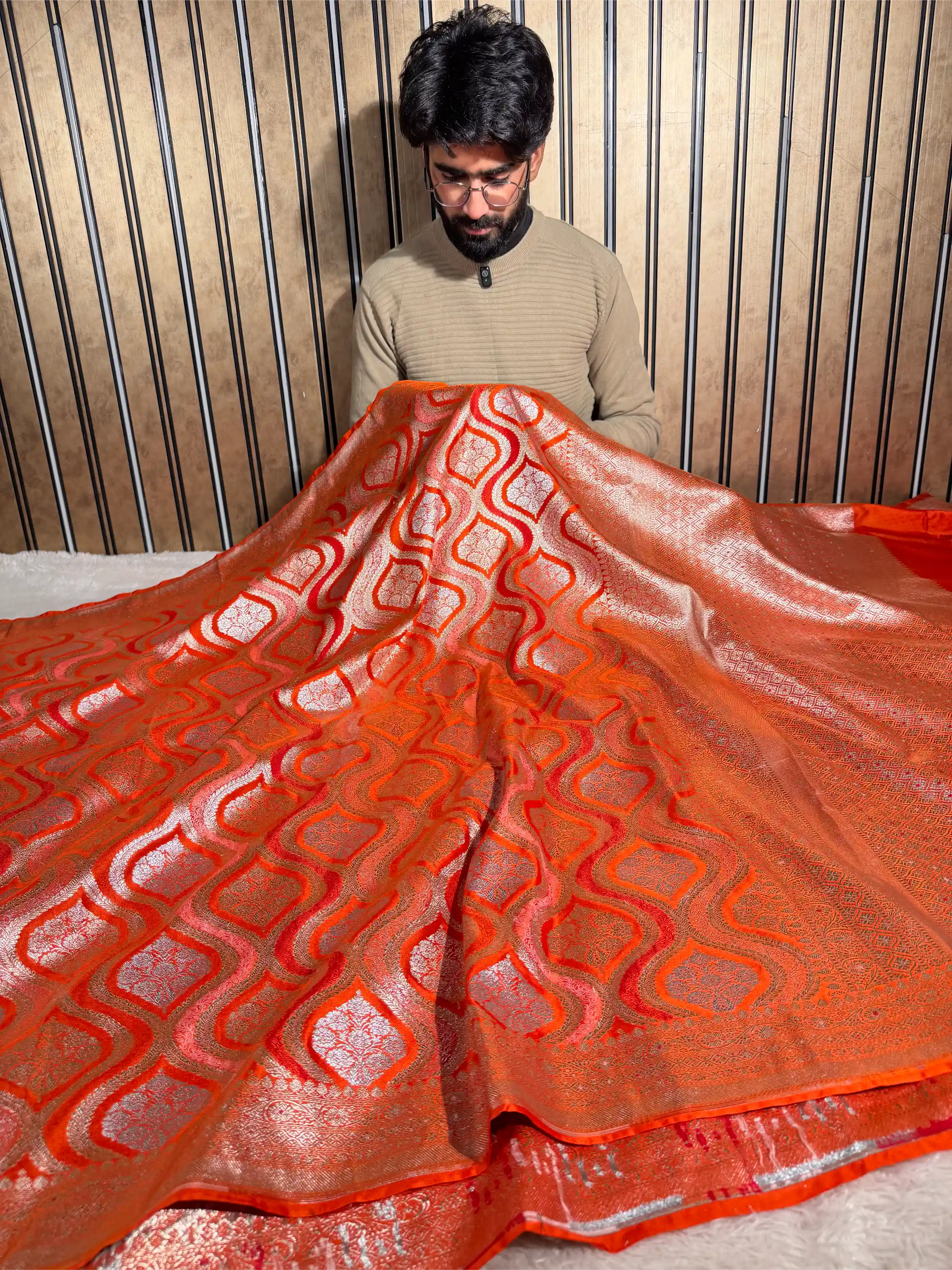 Bright Orange Mashru Katan Silk Heritage Grand Banarasi Saree