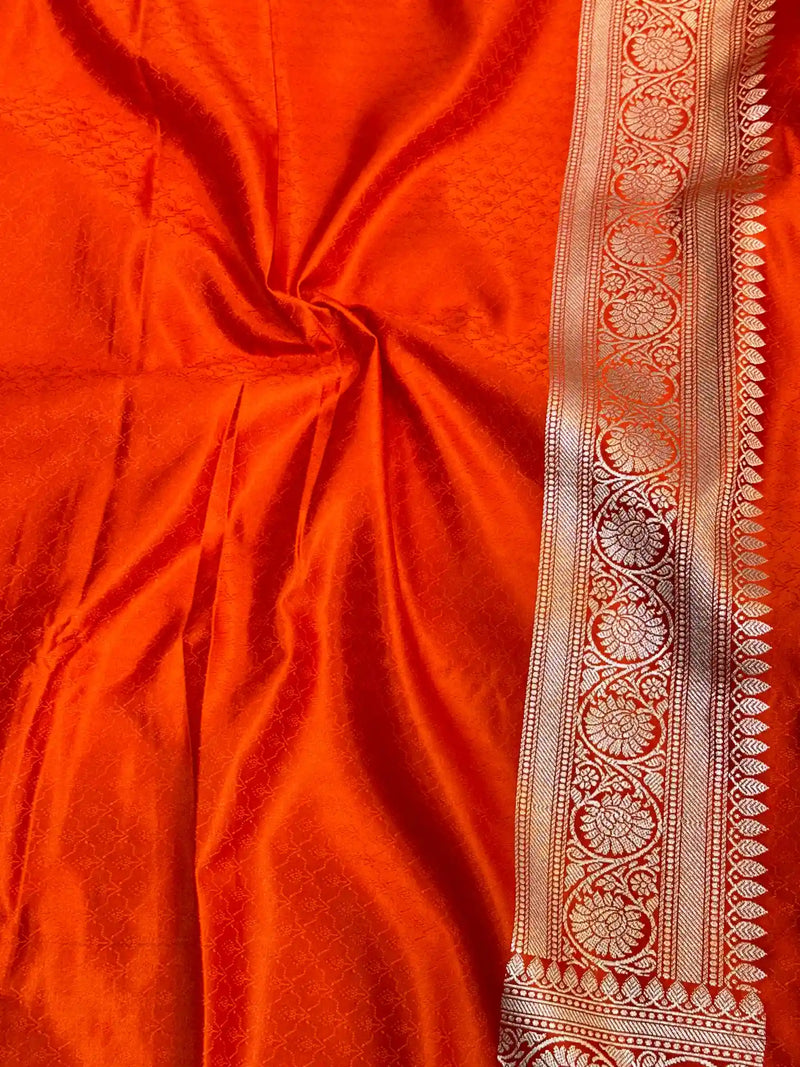 Bright Orange Mashru Katan Silk Leheriya Weave Banarasi Saree