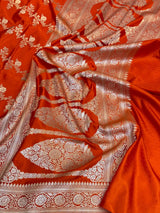 Bright Orange Mashru Katan Silk Leheriya Weave Banarasi Saree