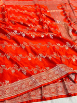 Bright Orange Mashru Katan Silk Leheriya Weave Banarasi Saree