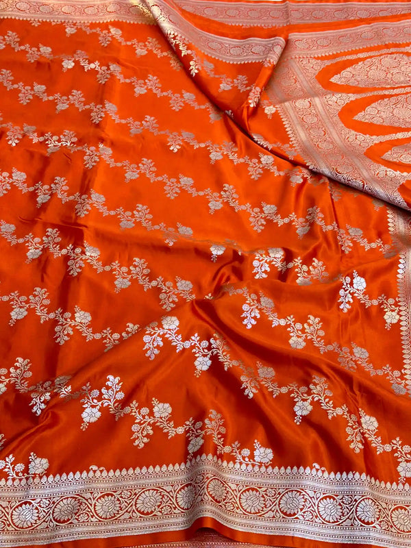 Bright Orange Mashru Katan Silk Leheriya Weave Banarasi Saree