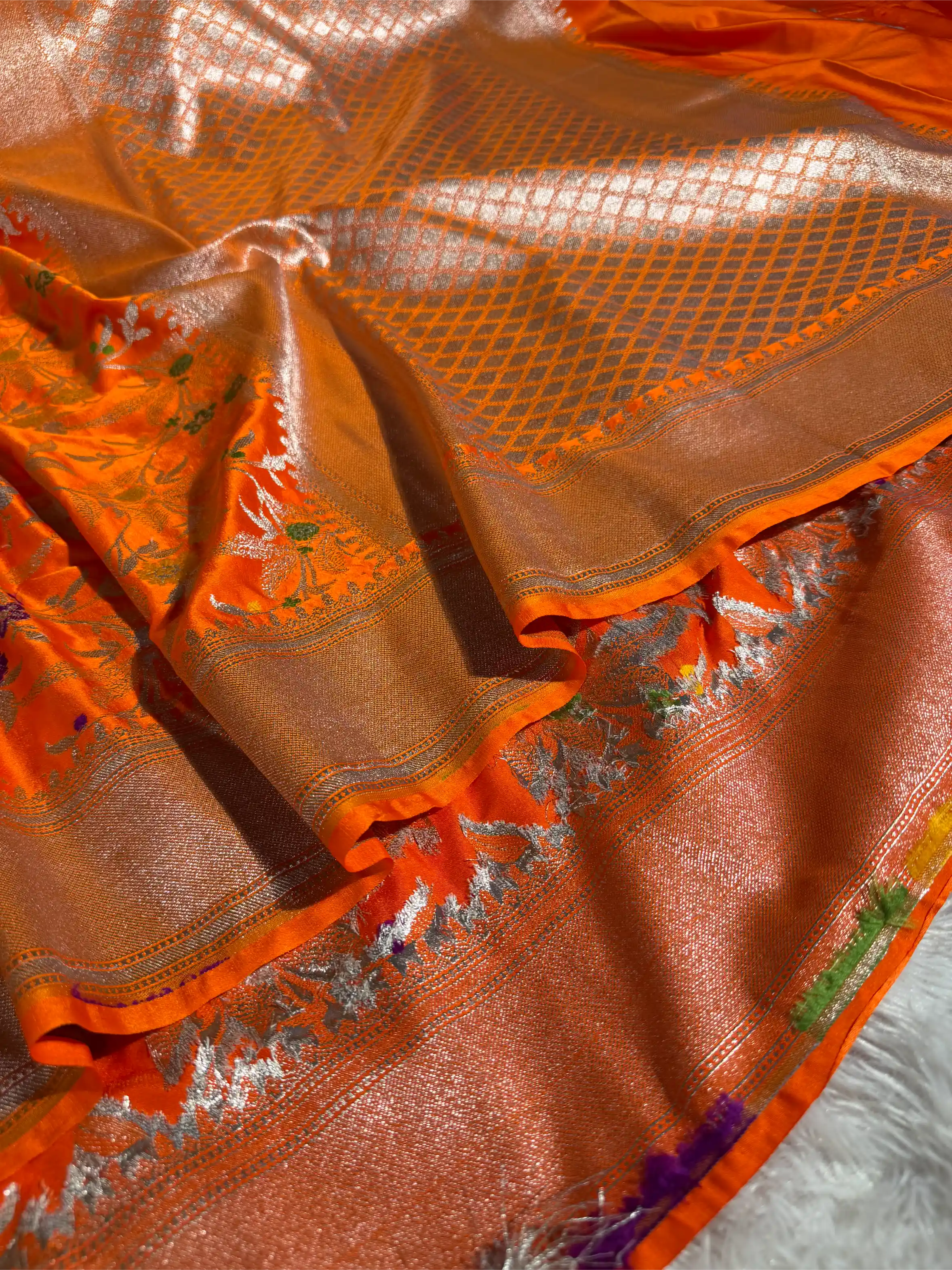 Bright Orange Mashru Katan Silk Meenakari Intricate Weave Banarasi Saree
