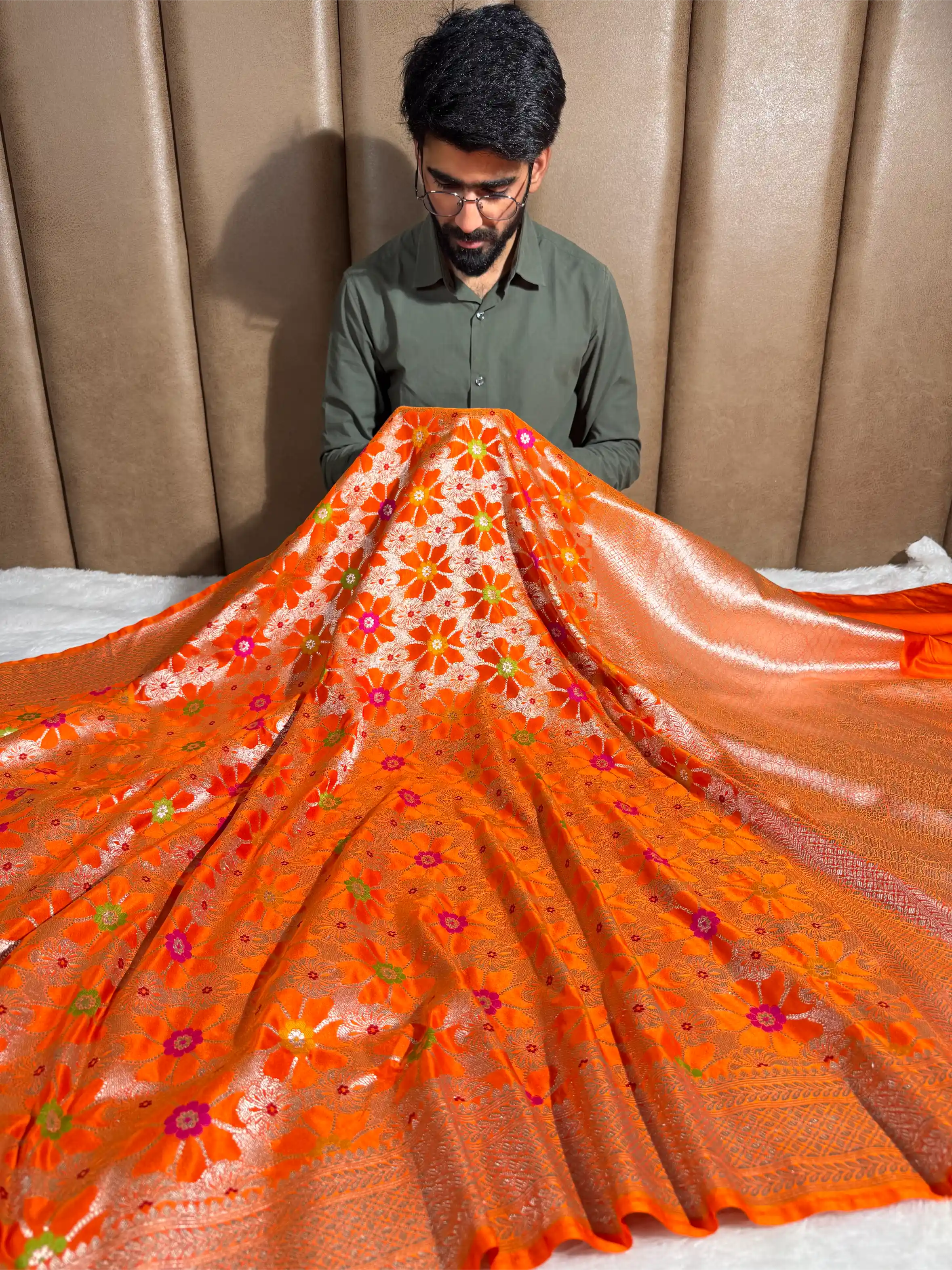 Bright Orange Mashru Katan Silk Meenakari Weave Banarasi Saree