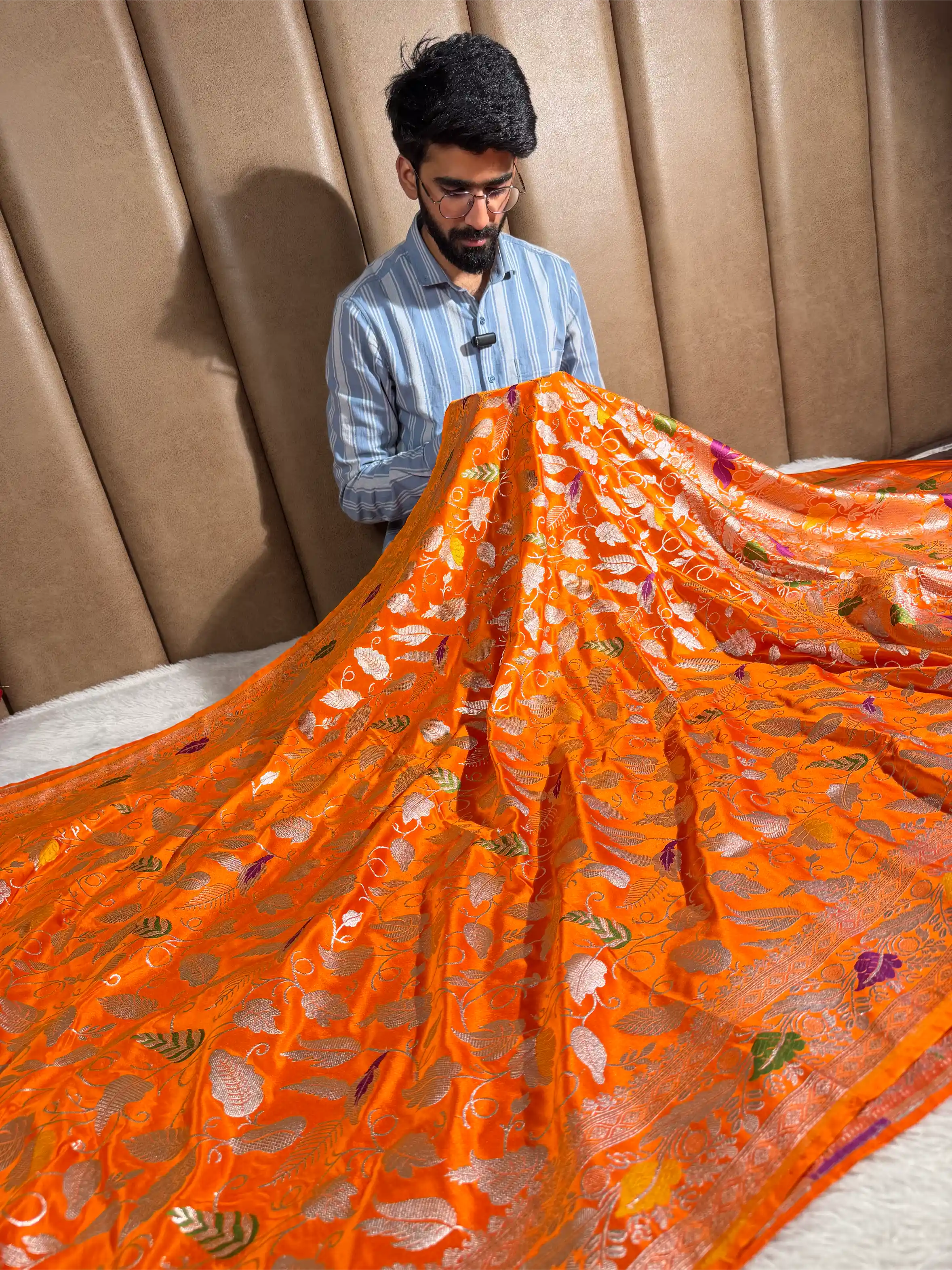 Bright Orange Mashru Katan Silk Tilfi Meena Banarasi Saree