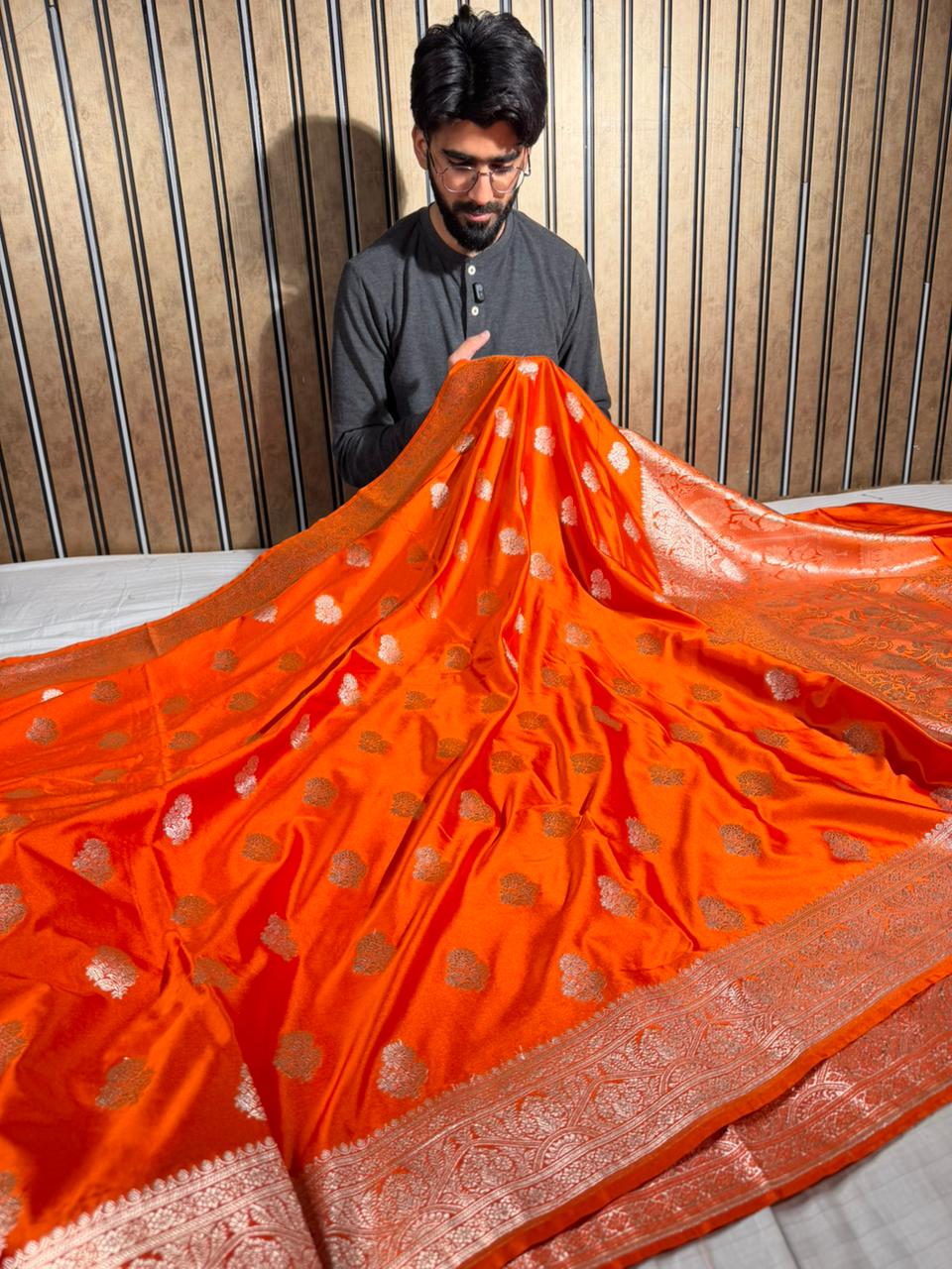 Bright Orange Mashru Katan Silk Traditional Buta Weave Banarasi Saree