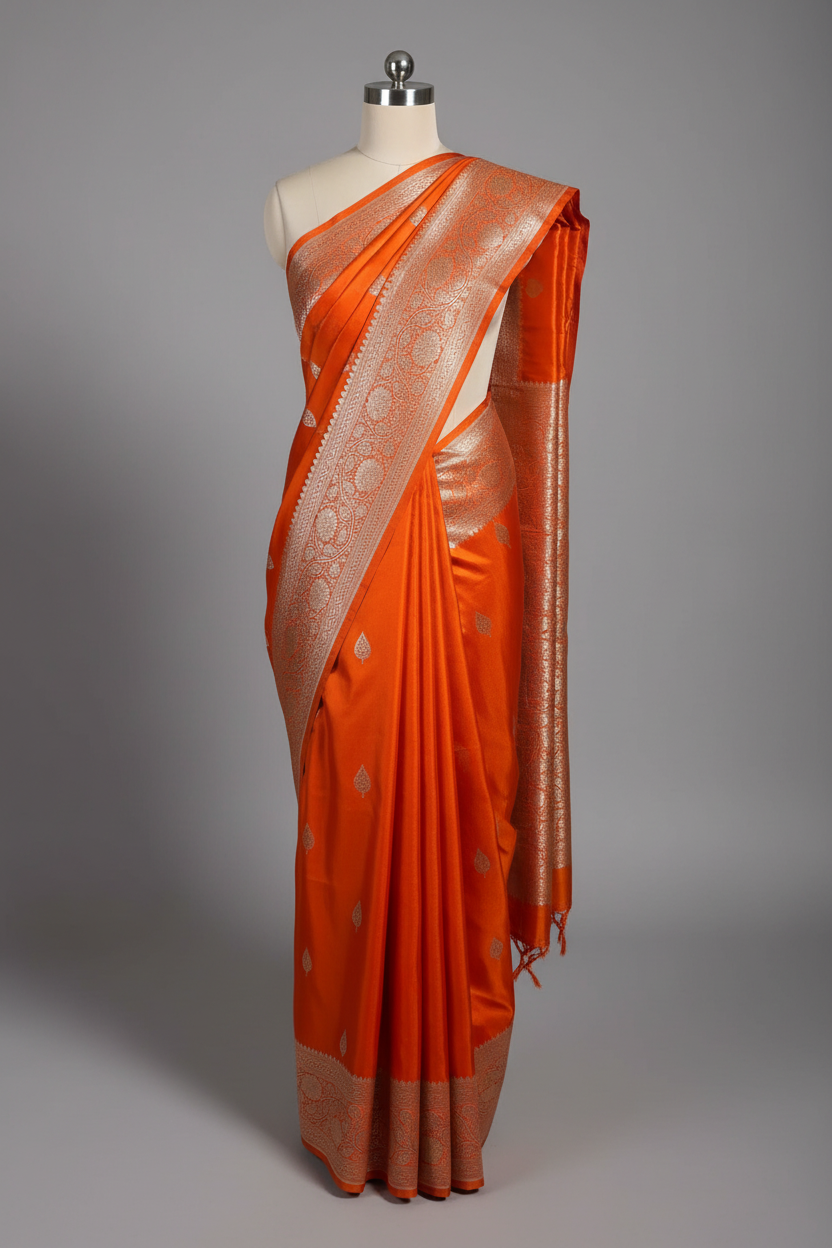 Bright Orange Motifs Weave Mashru Katan Saree