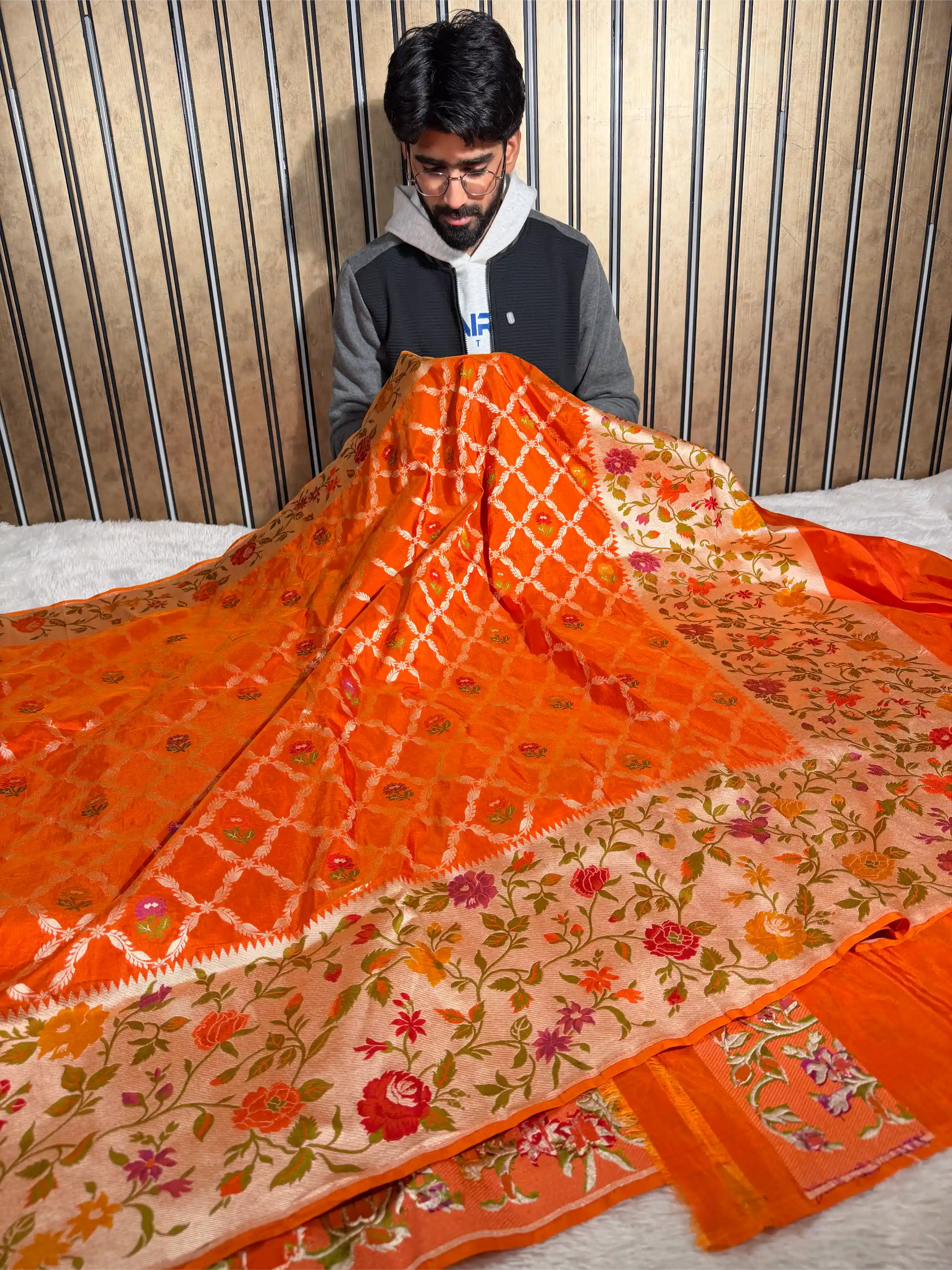Bright Orange Pure Katan Silk Tilfi Meenakari Banarasi Saree
