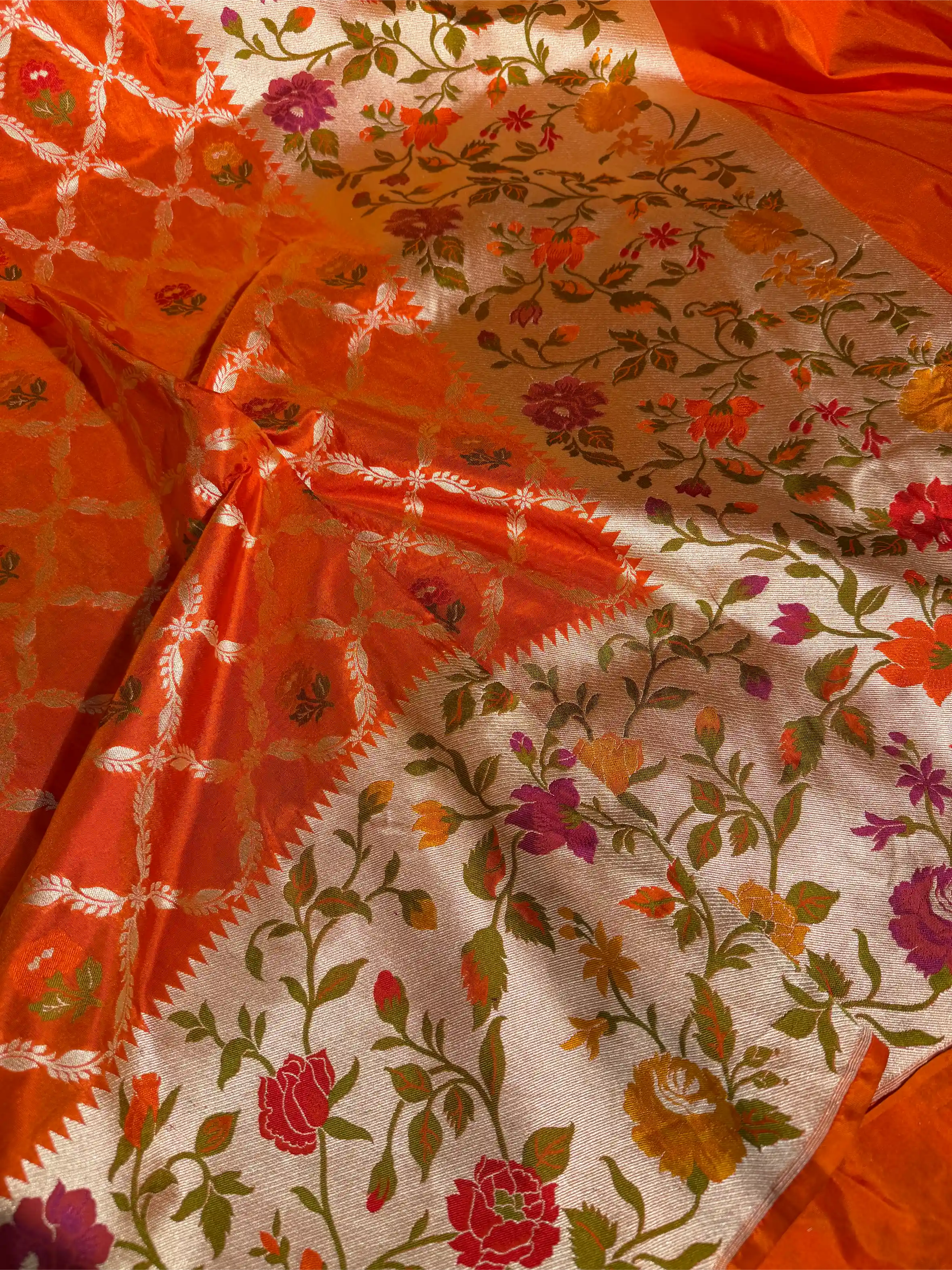 Bright Orange Pure Katan Silk Tilfi Meenakari Banarasi Saree