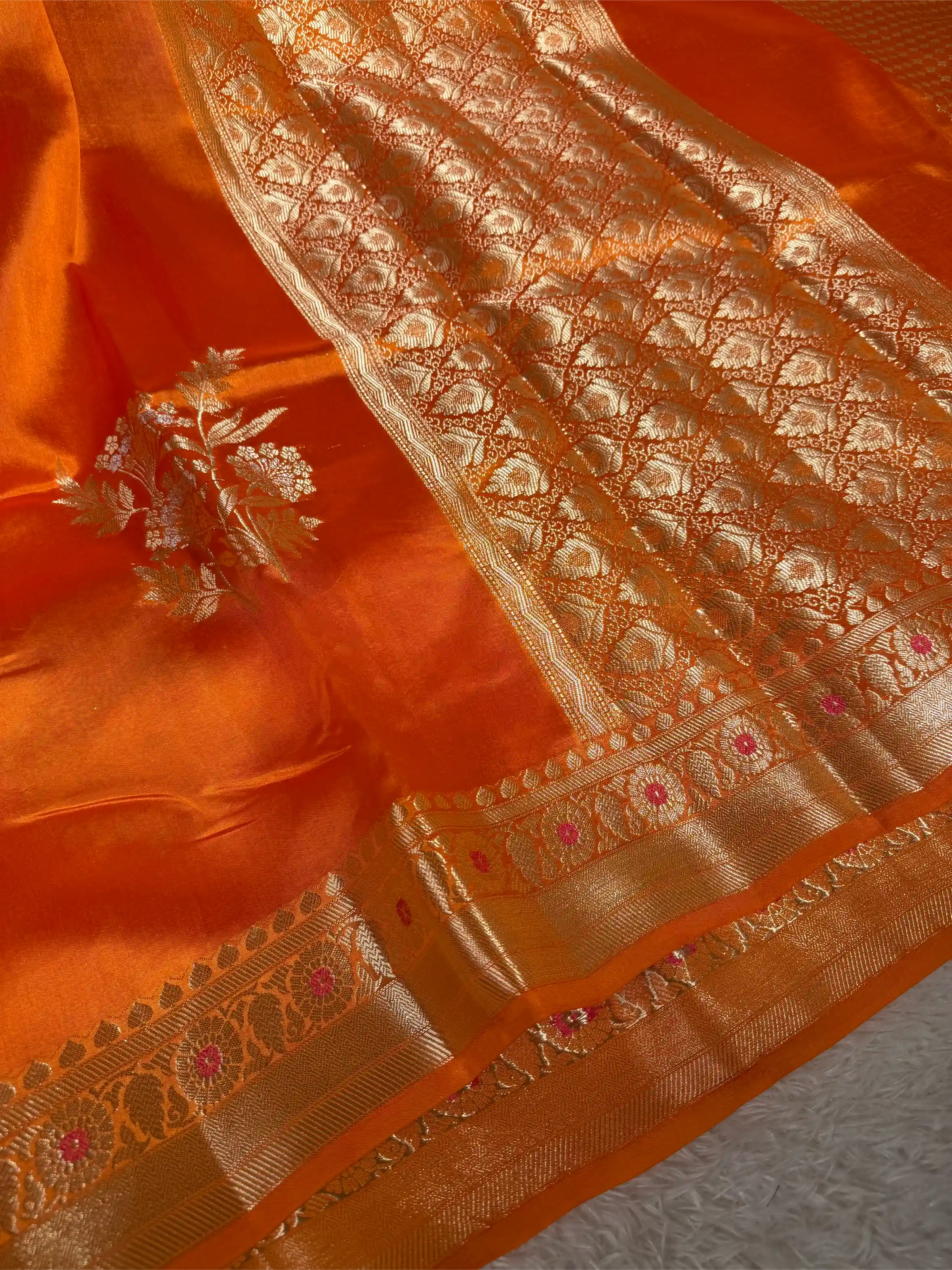 Bright Orange Pure Mango Silk Banarasi Saree