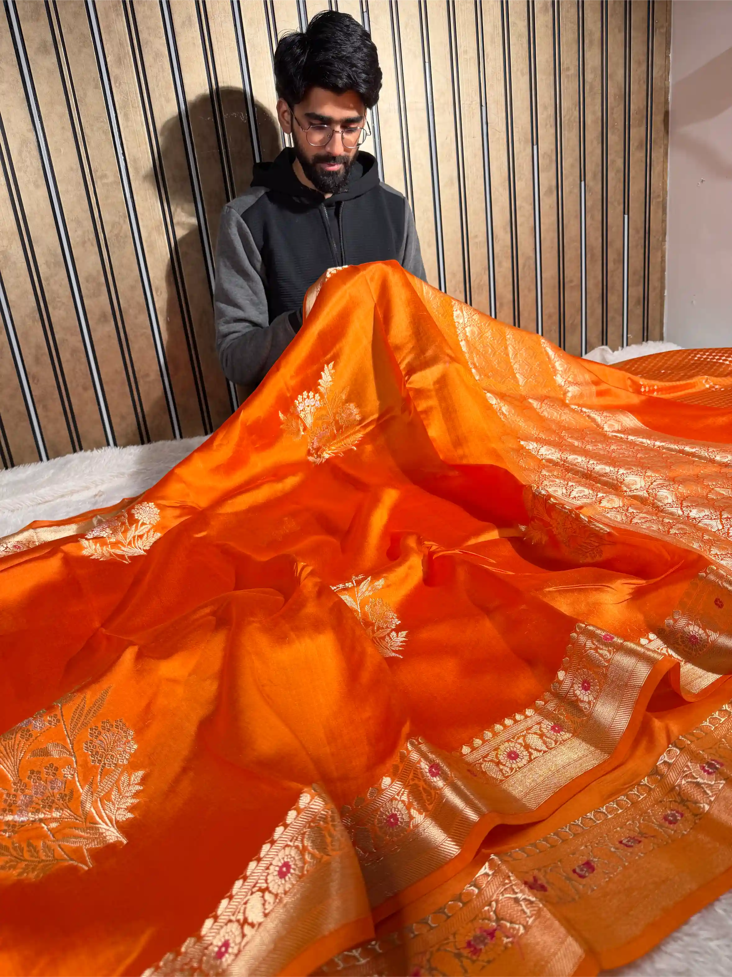 Bright Orange Pure Mango Silk Banarasi Saree