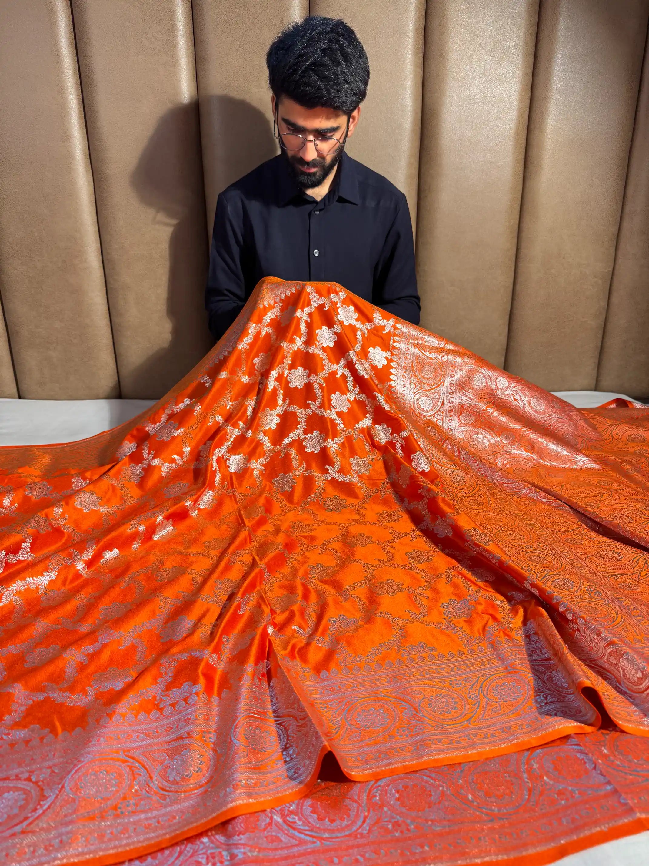 Bright Orange Satin Silk Heritage Banarasi Saree