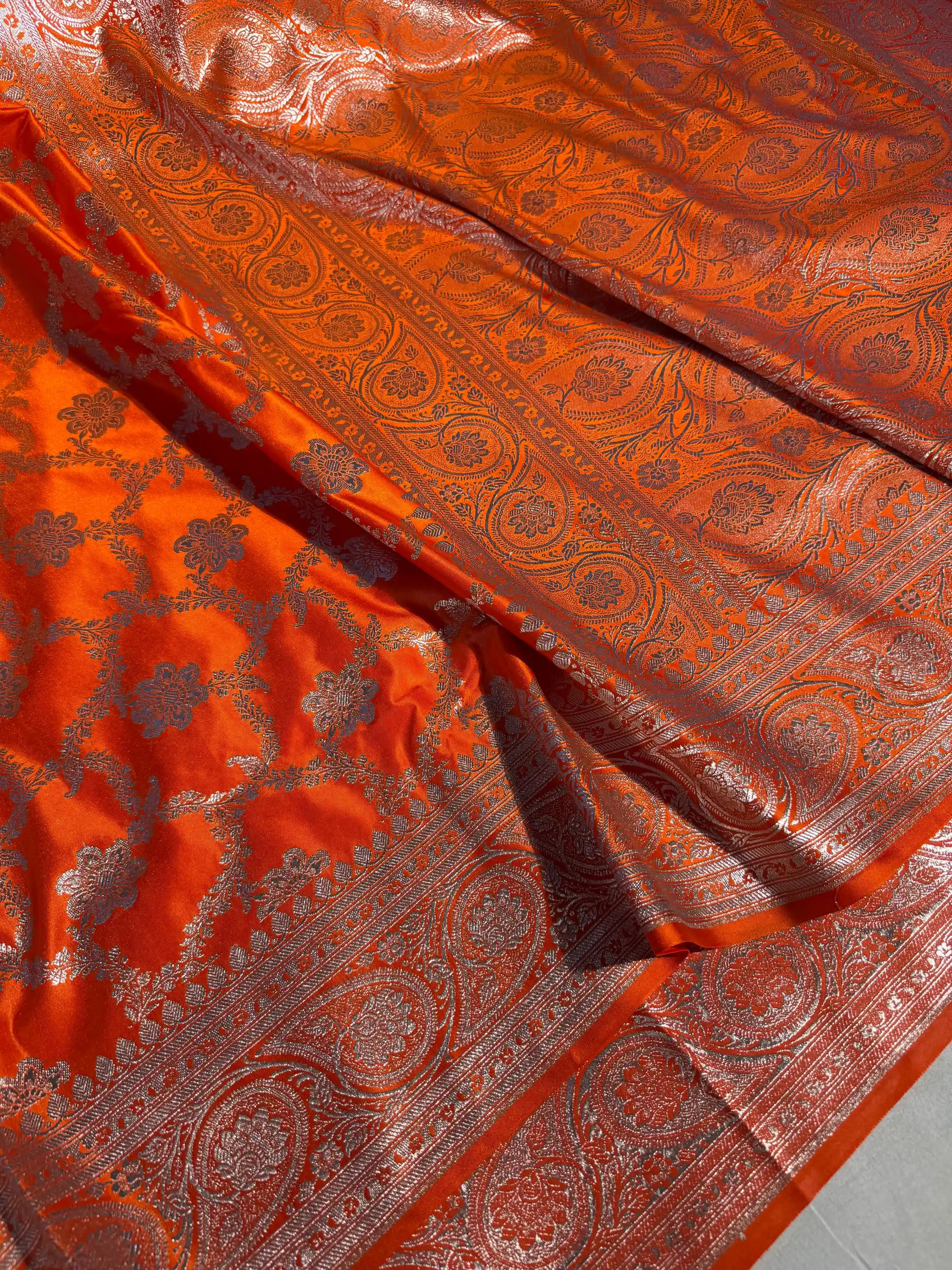 Bright Orange Satin Silk Heritage Banarasi Saree