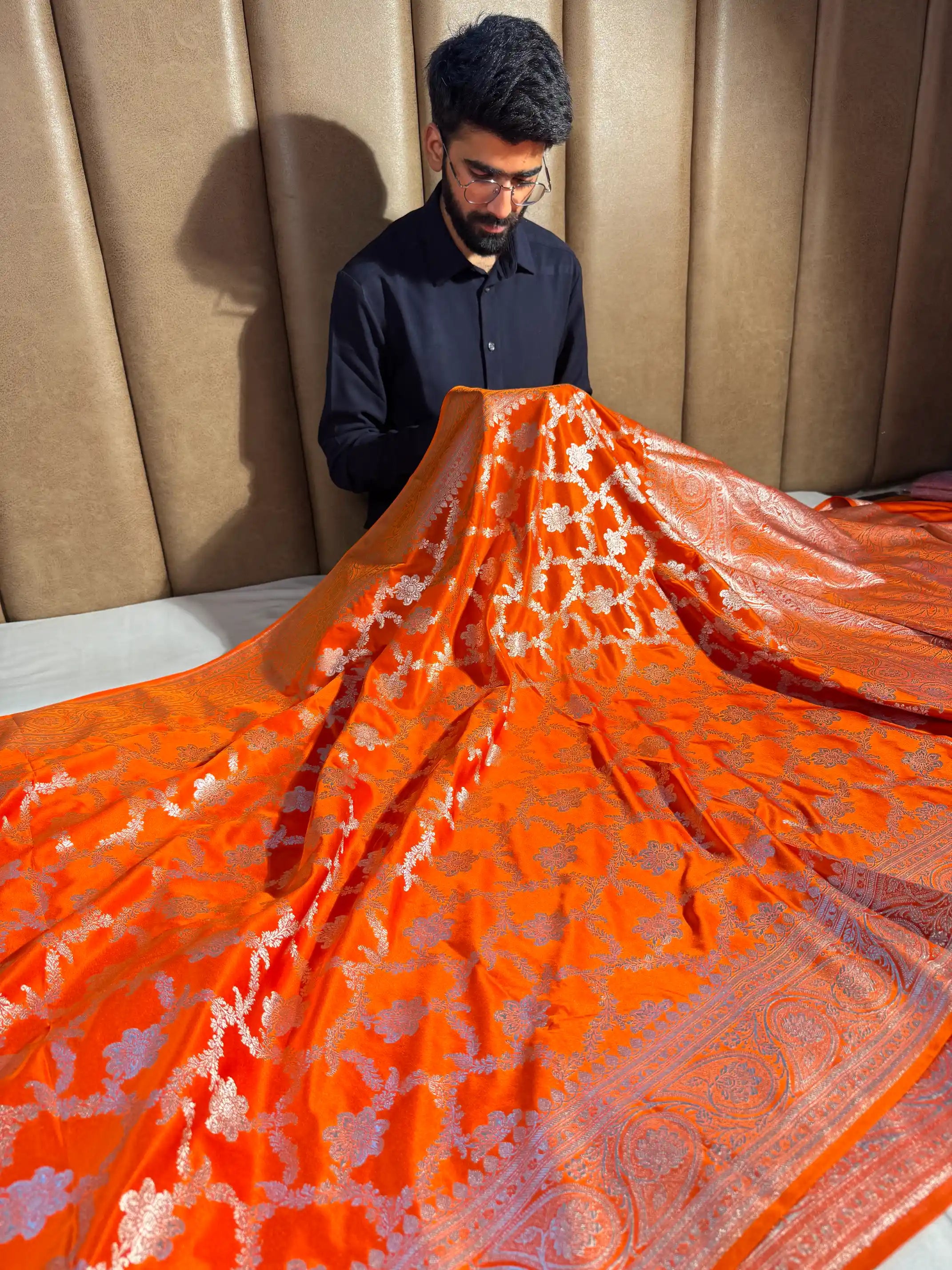 Bright Orange Satin Silk Heritage Banarasi Saree