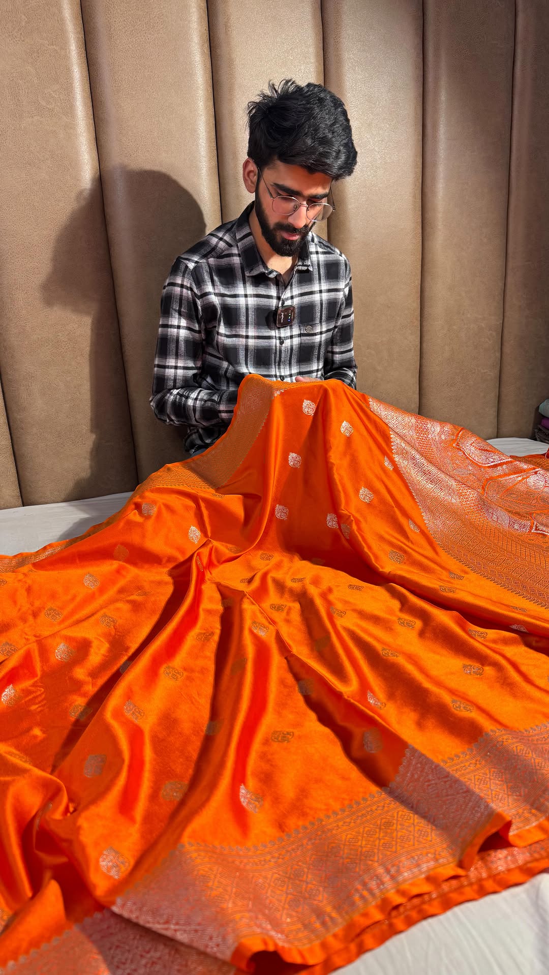 Bright Orange Mashru Katan Silk Banarasi Saree