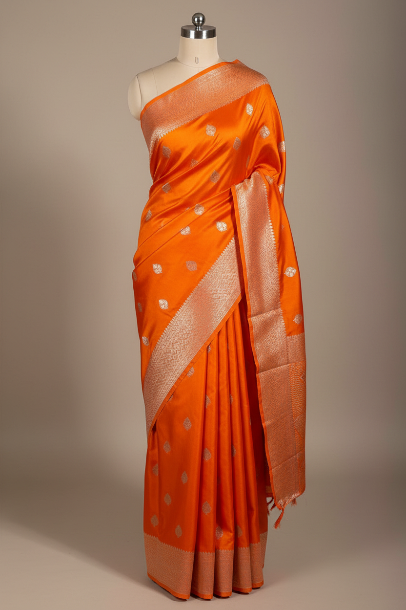 Bright Orange Mashru Katan Silk Banarasi Saree