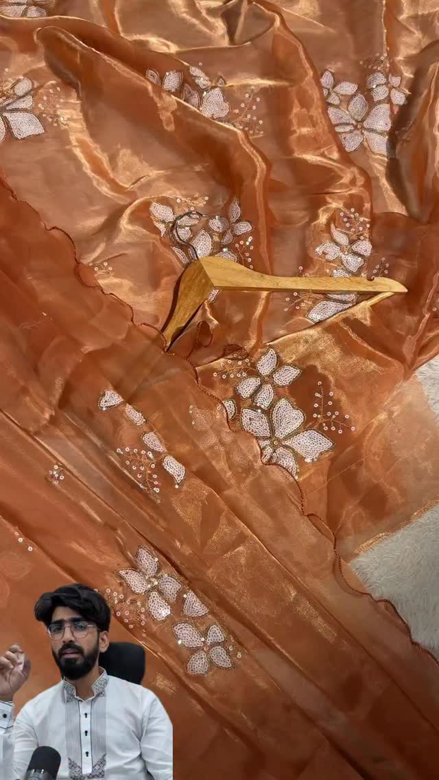 Bright Orange Shimmery Tissue Designer Saree with Sequins Buta