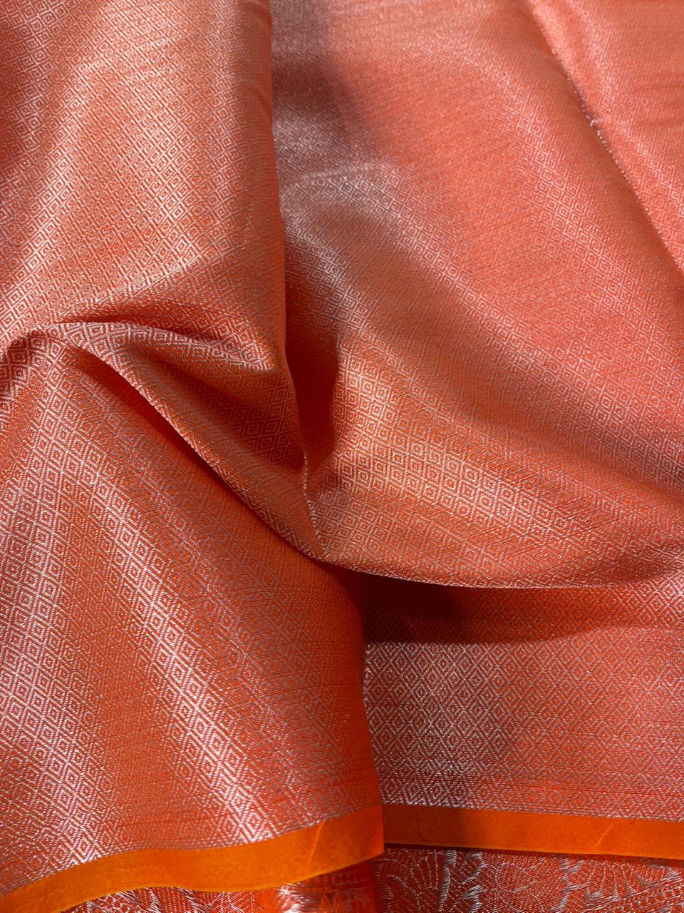 Bright Orange Soft Silk Buta Weave Banarasi Saree