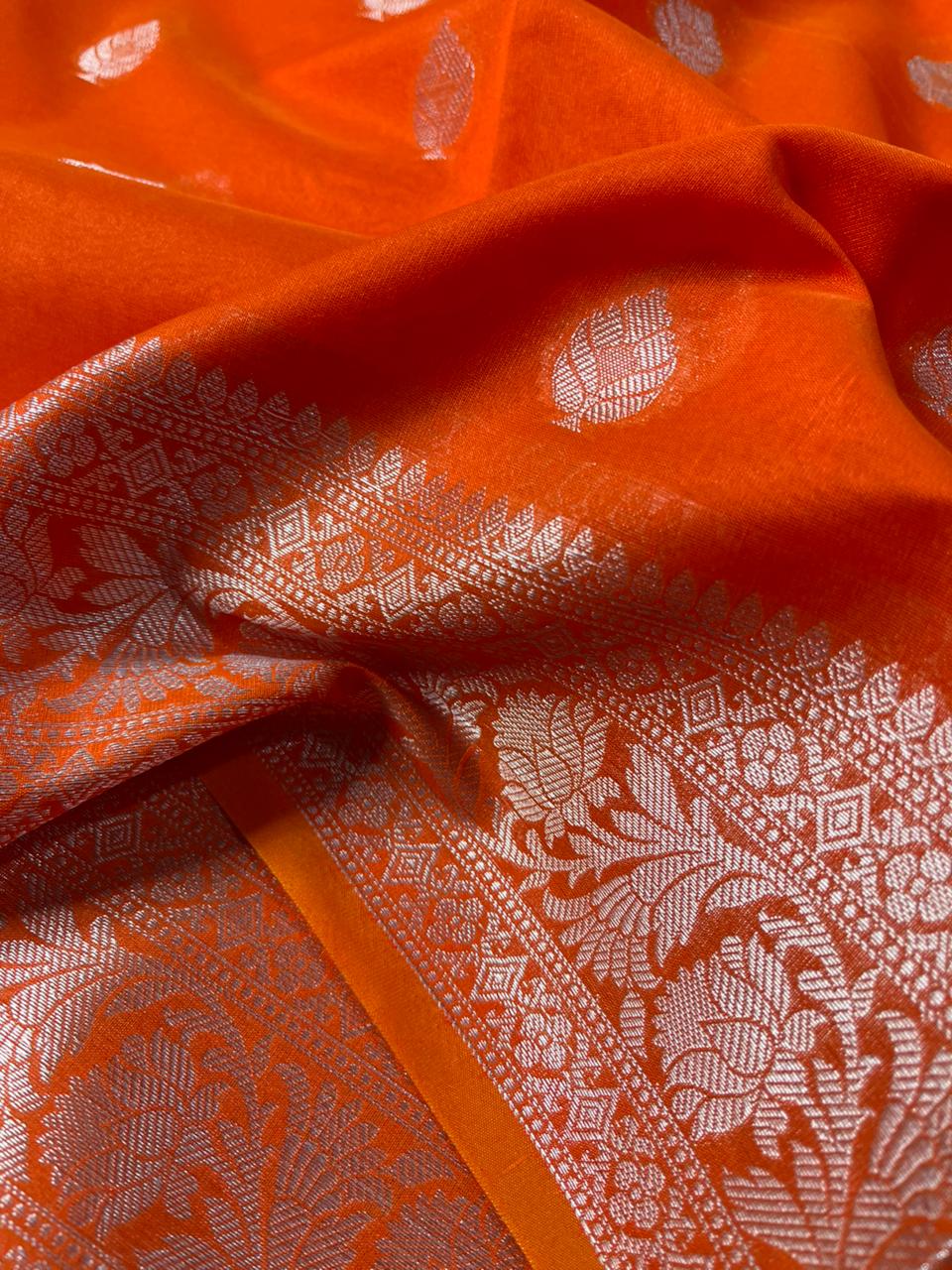 Bright Orange Soft Silk Buta Weave Banarasi Saree