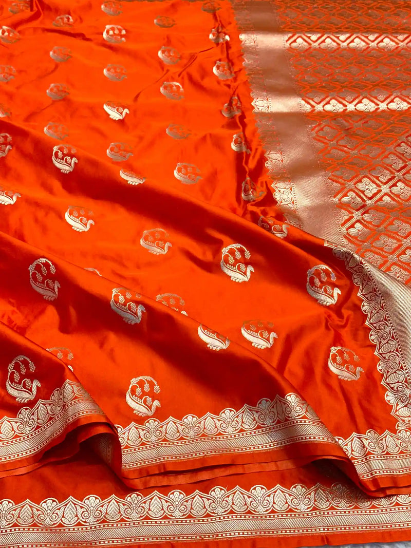 Bright Orange Traditional Weave Mashru Katan Saree