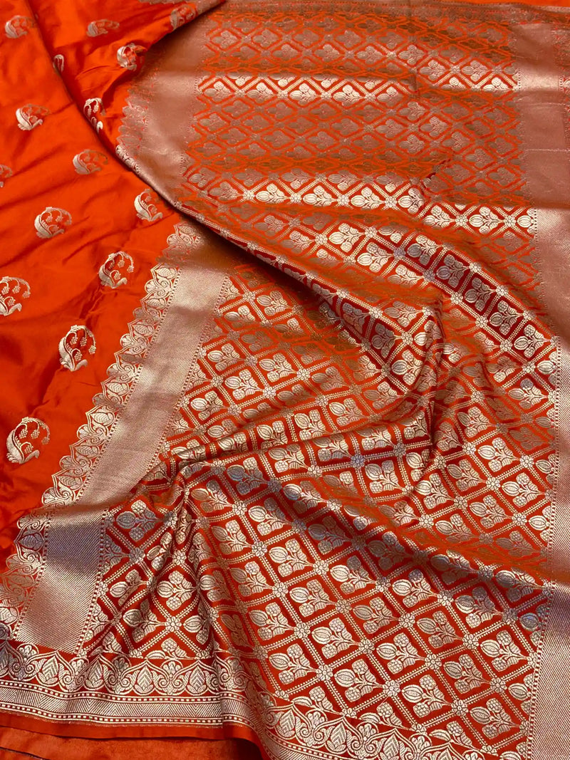 Bright Orange Traditional Weave Mashru Katan Saree