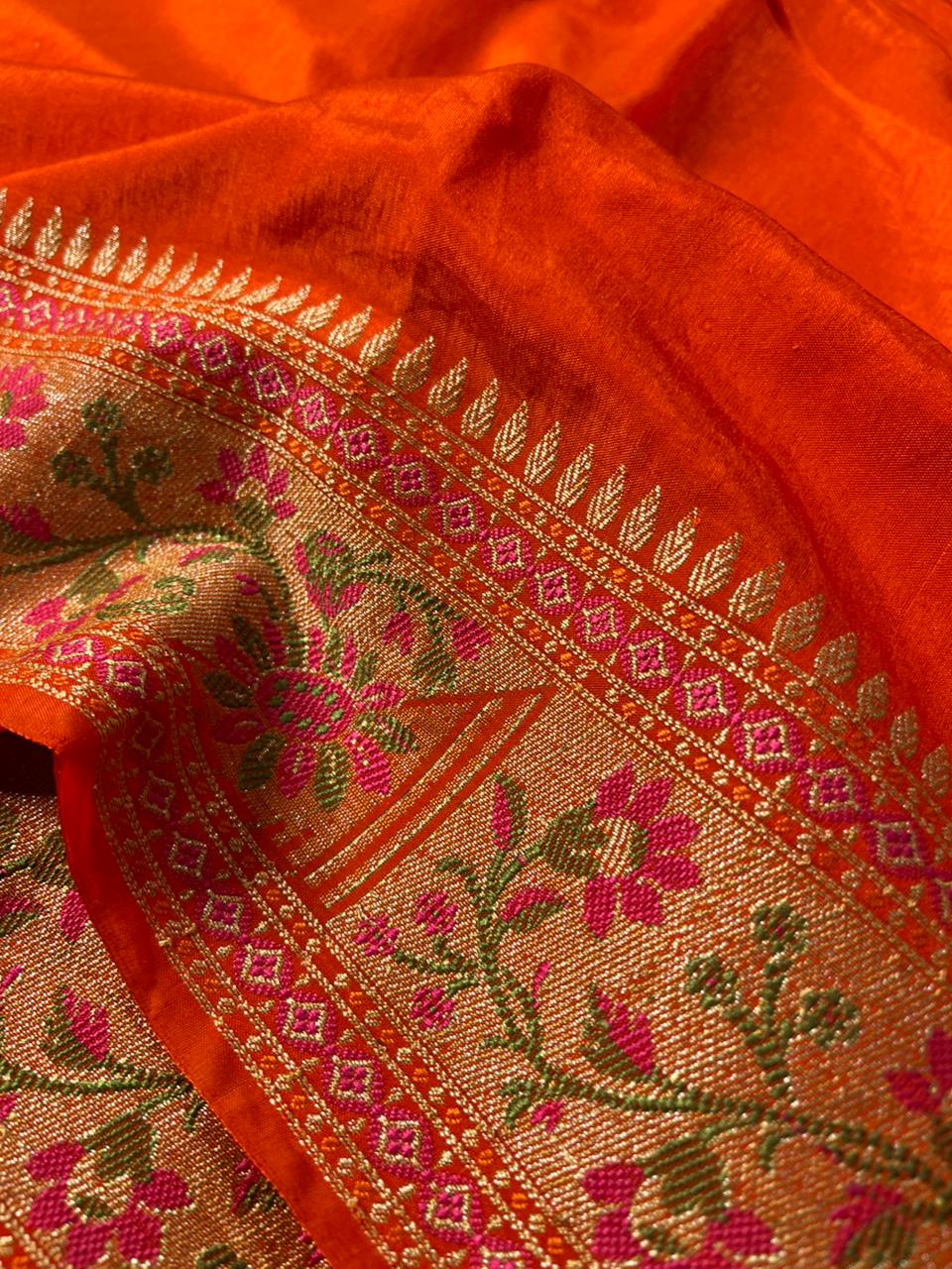 Bright Orange Warm Silk Golden Zari Border & Floral Motifs Banarasi Saree