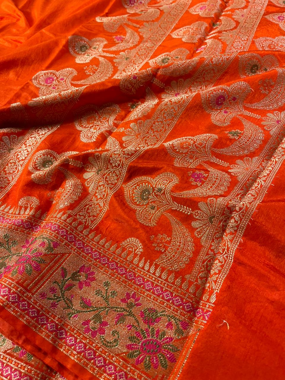 Bright Orange Warm Silk Golden Zari Border & Floral Motifs Banarasi Saree