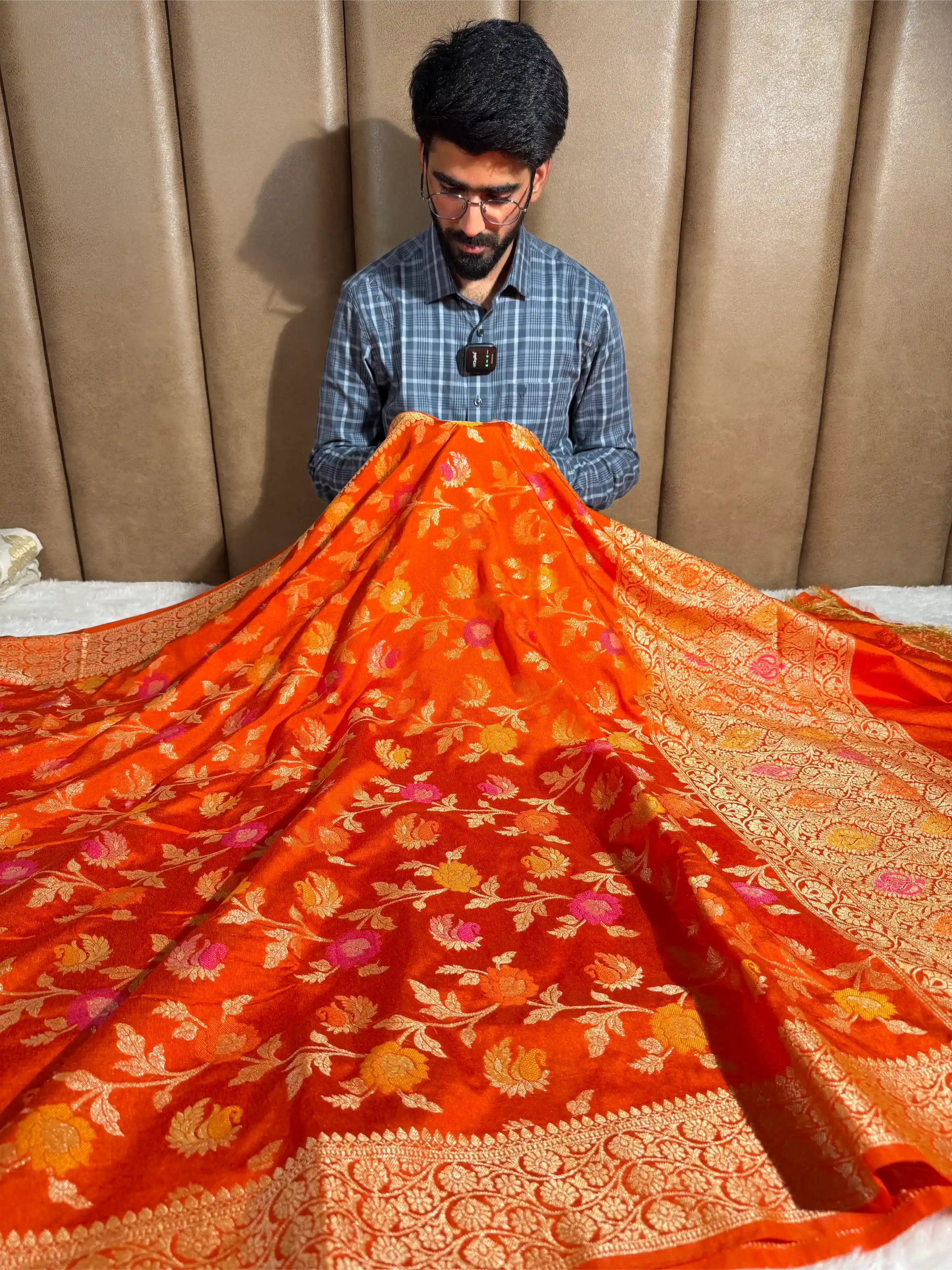 Bright Orange Warm Silk Tilfi Meenakari Banarasi Saree