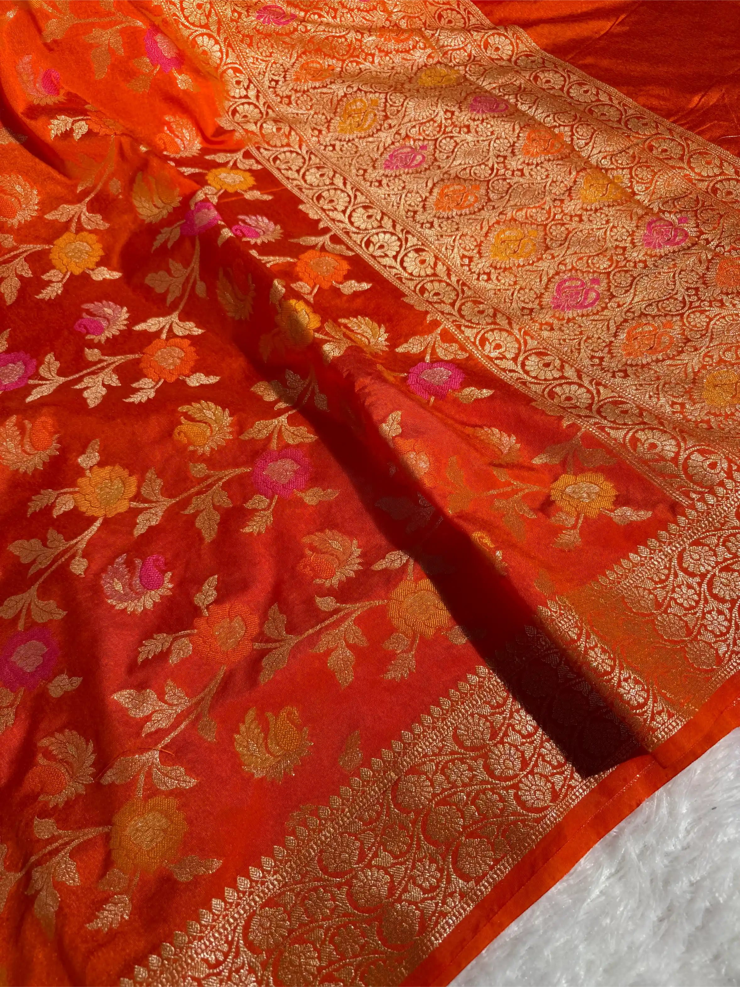 Bright Orange Warm Silk Tilfi Meenakari Banarasi Saree