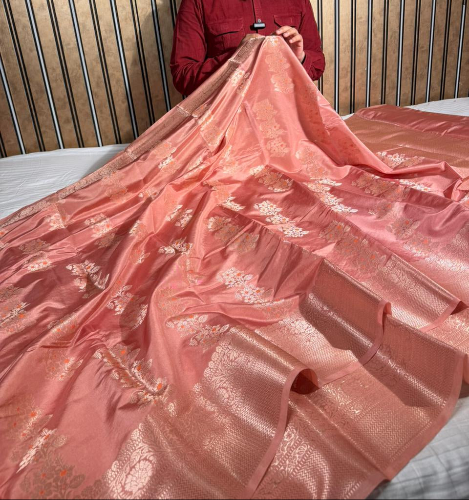 Bright Peach Banana Silk Meenakari Weave Banarasi Saree