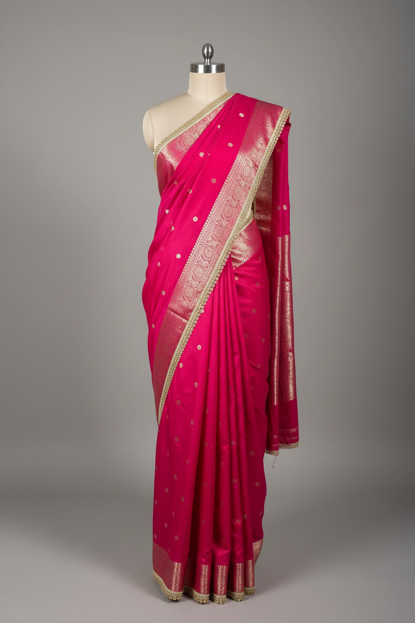 Bright Pink Chinia Silk Designer Moti Lace Attached Banarasi Saree