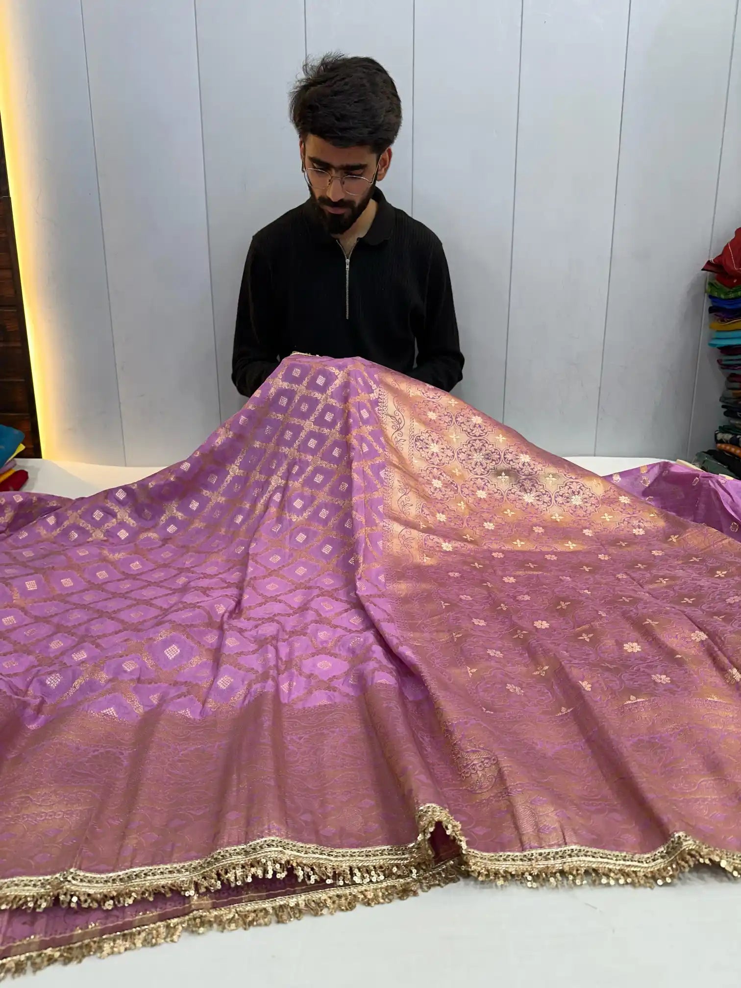 Bright Pink Chiniya Silk Designer Lace Work Banarasi Saree