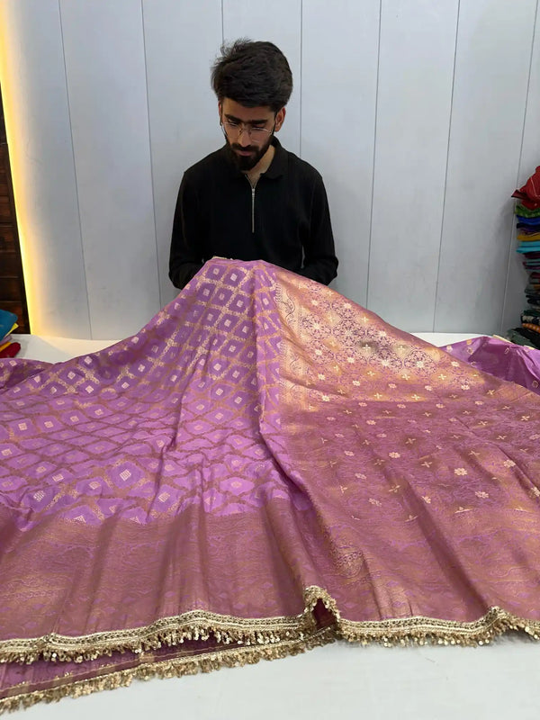 Bright Pink Chiniya Silk Designer Lace Work Banarasi Saree