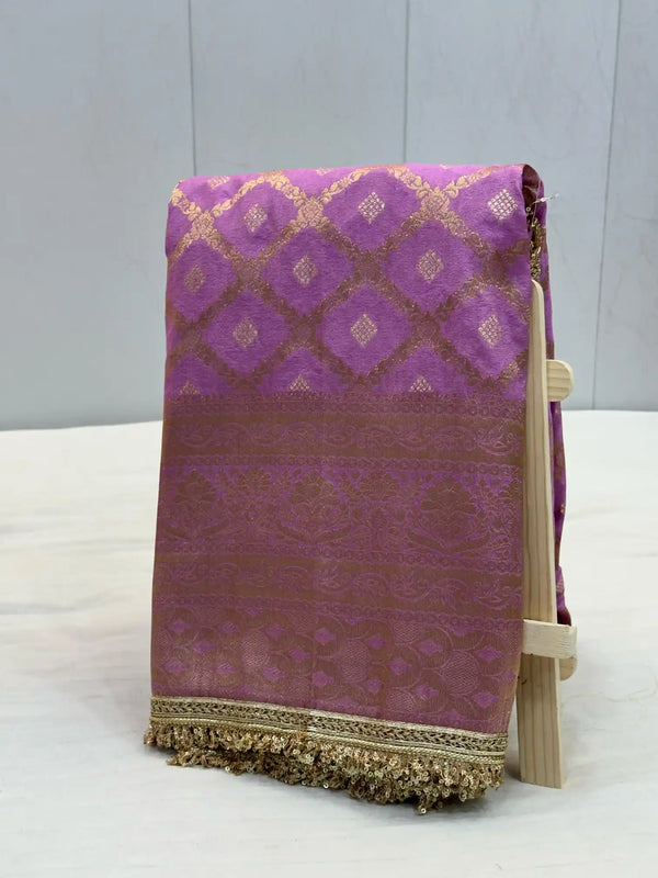 Bright Pink Chiniya Silk Designer Lace Work Banarasi Saree