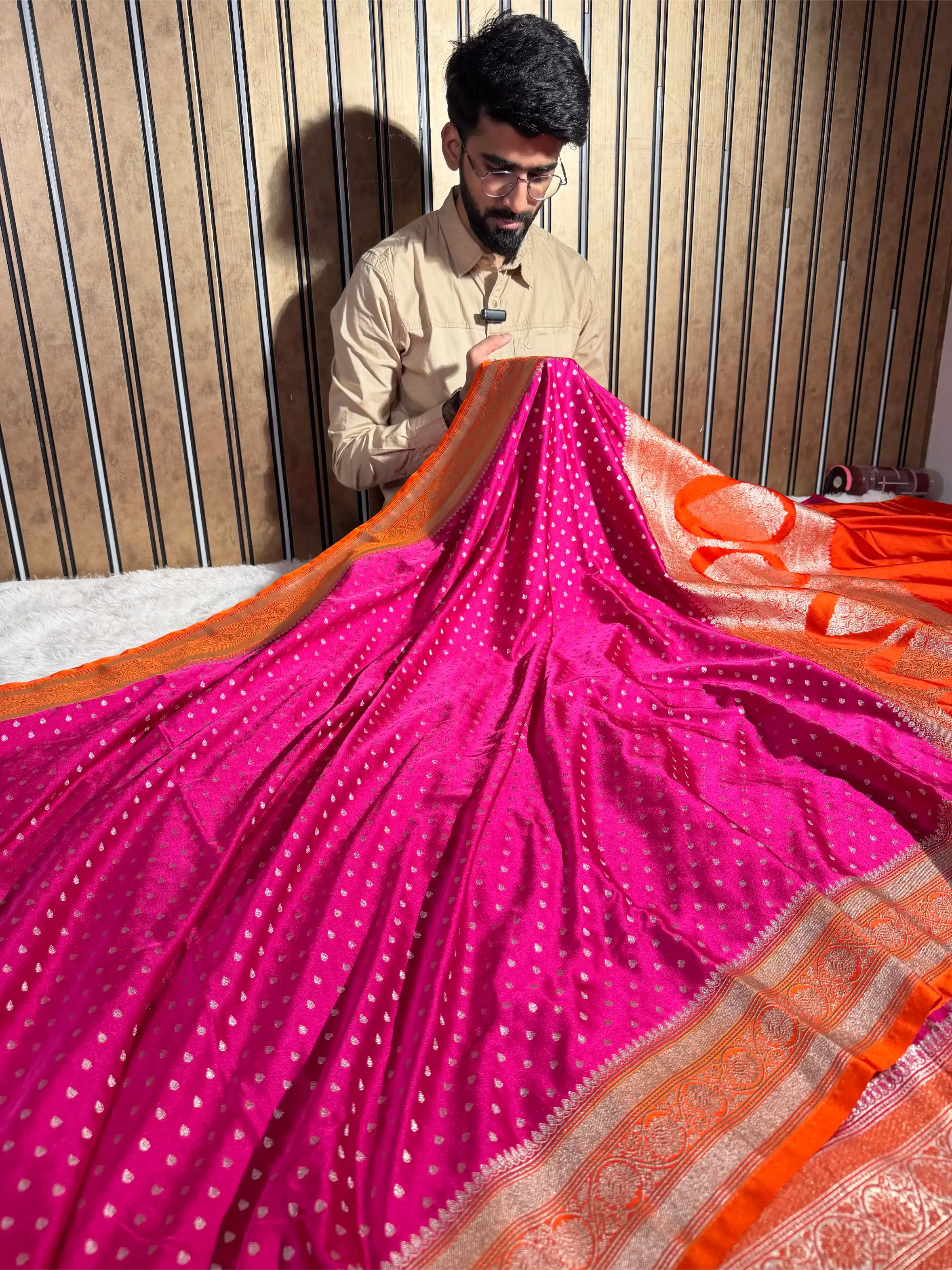 Bright Pink Eccentric Mashru Katan Silk Banarasi Saree