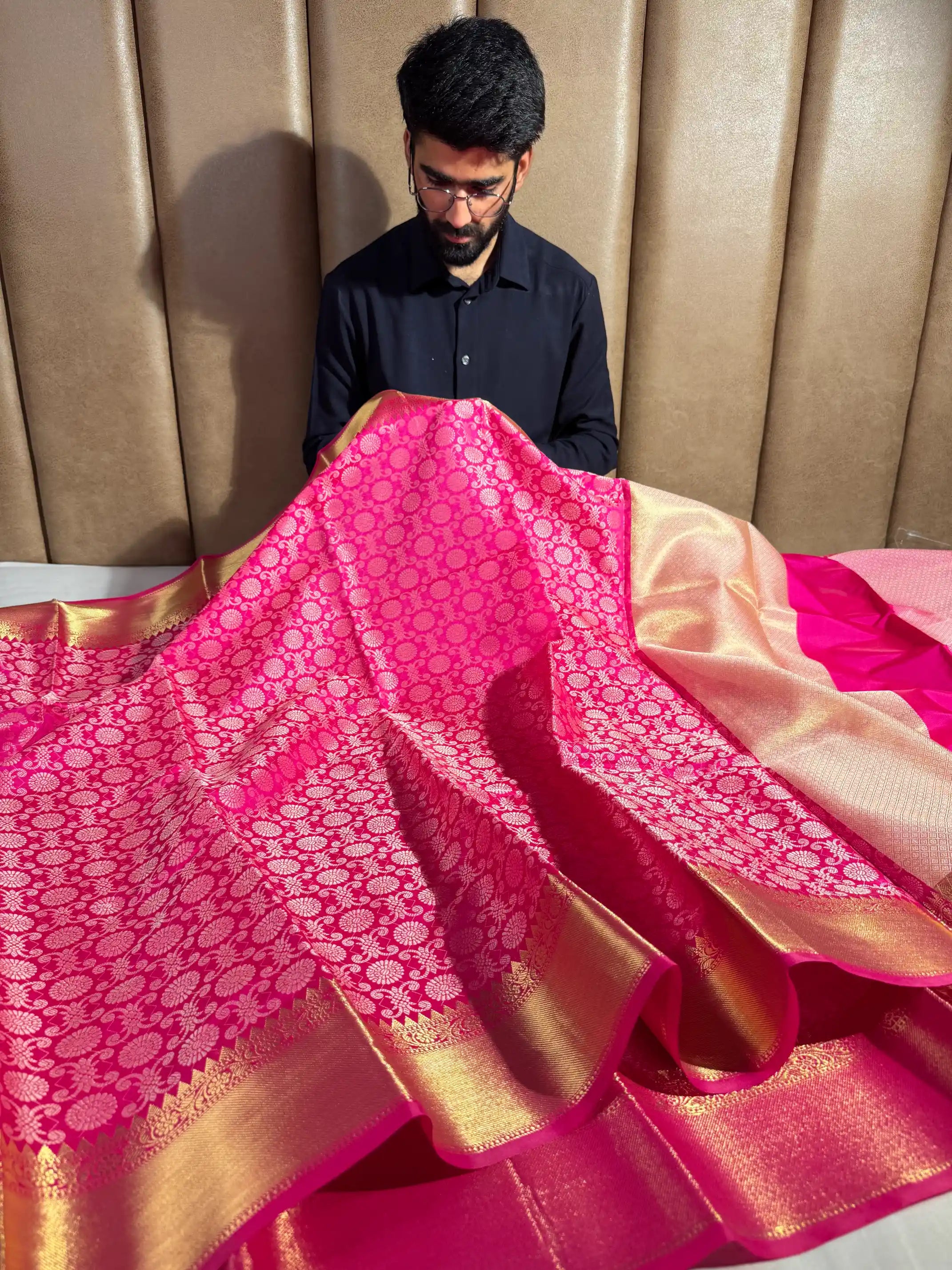 Bright Pink Kanchipuram Softsilk Designer Banarasi saree
