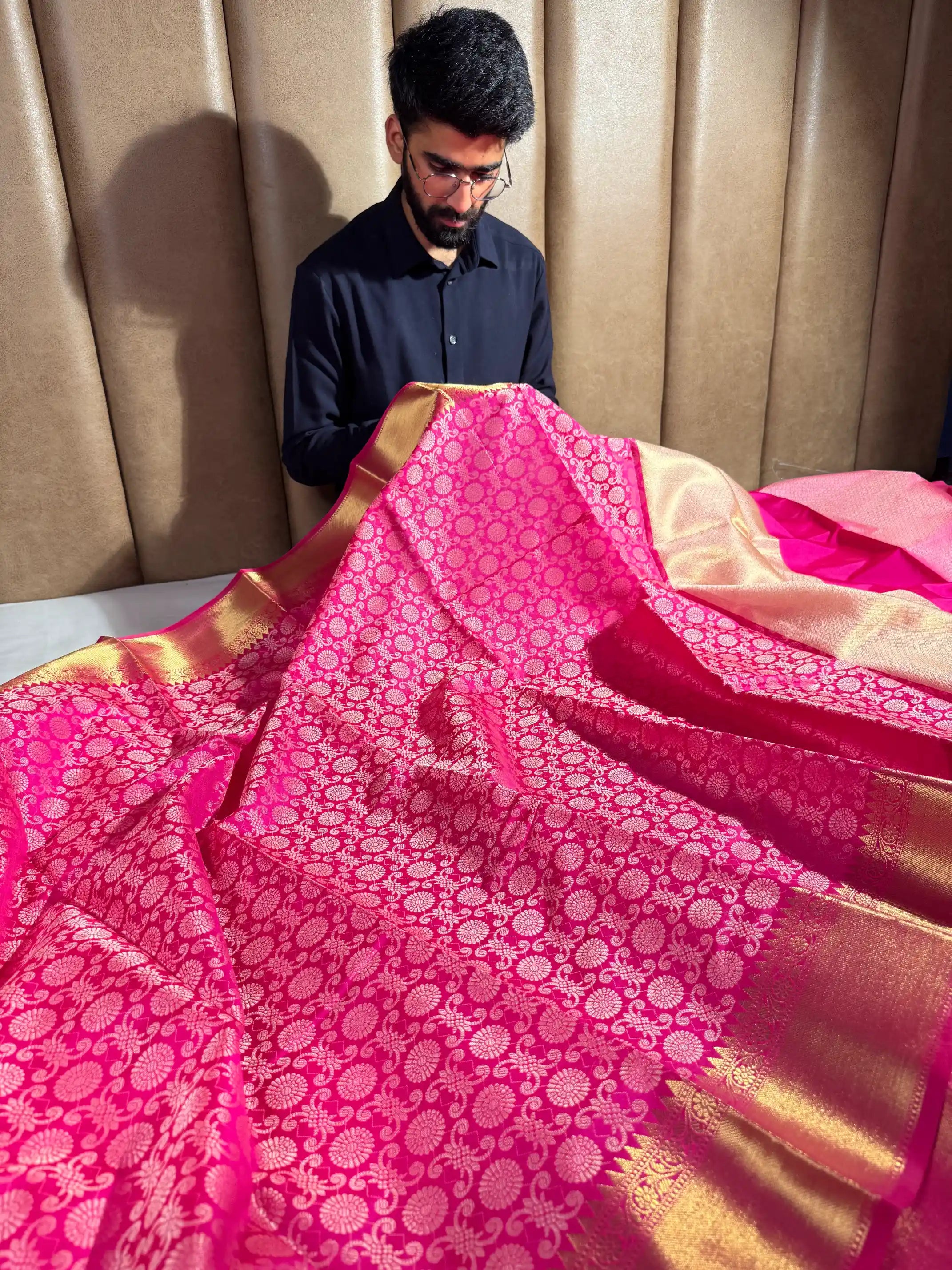 Bright Pink Kanchipuram Softsilk Designer Banarasi saree