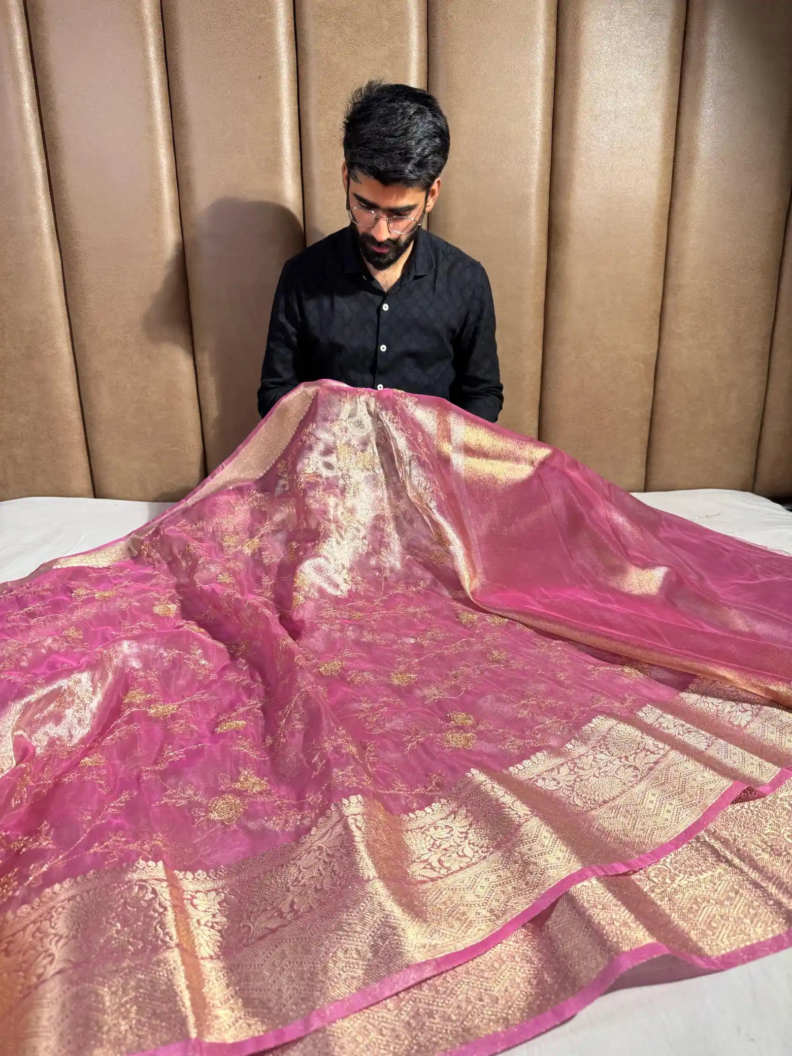 Bright Pink Tissue Silk Chikankari Embroidered Banarasi Saree