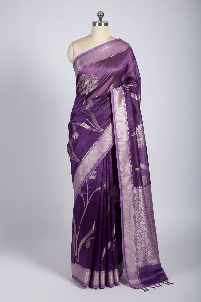 Bright Purple Chinia Silk Heritage Weave Banarasi Saree